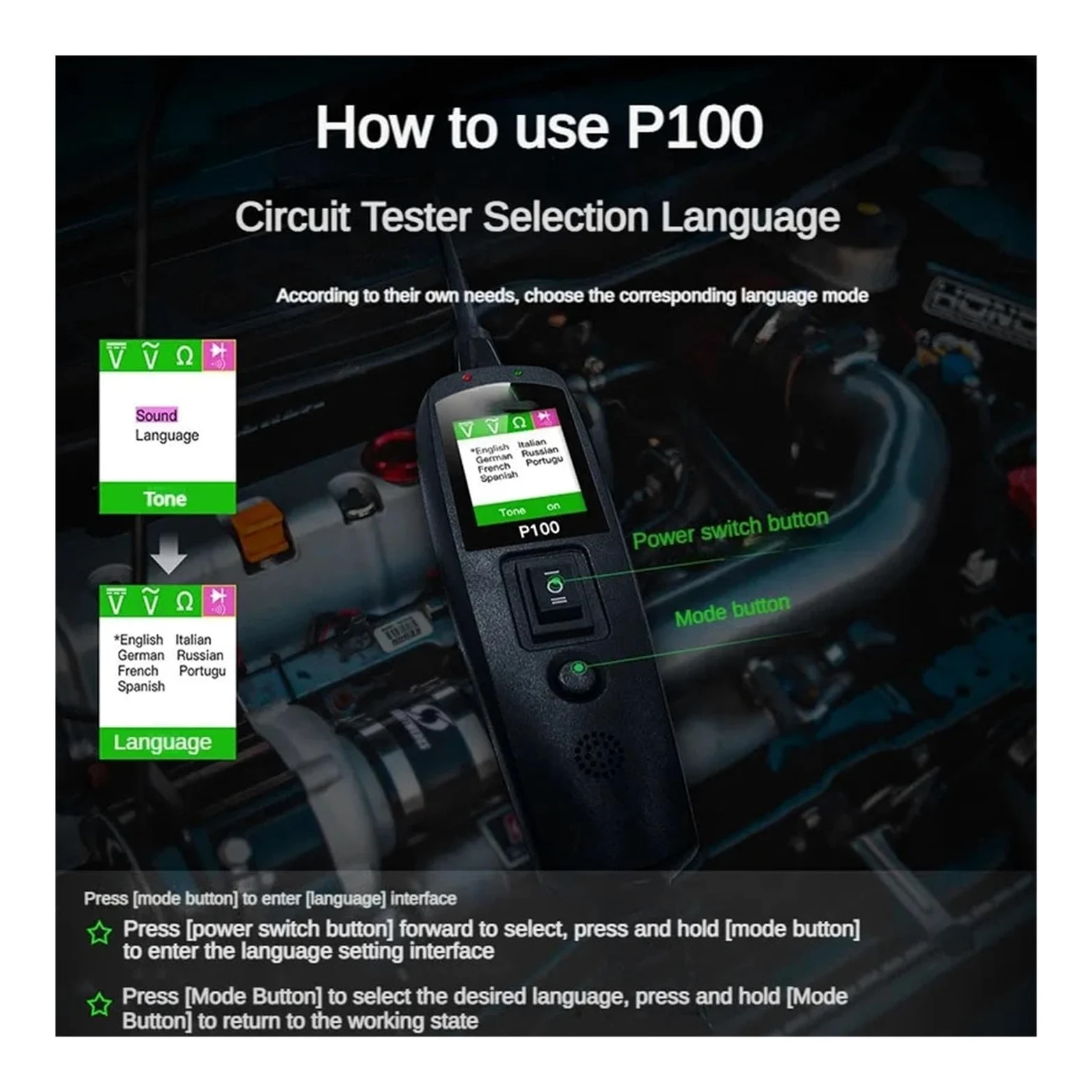Comprobador de baterías de coche, Instrumento de diagnóstico circuitos camiones, motocicletas y automóviles P100, herramienta mantenimiento for pruebas cortocircuito, comprobador vehículos(10m tester)