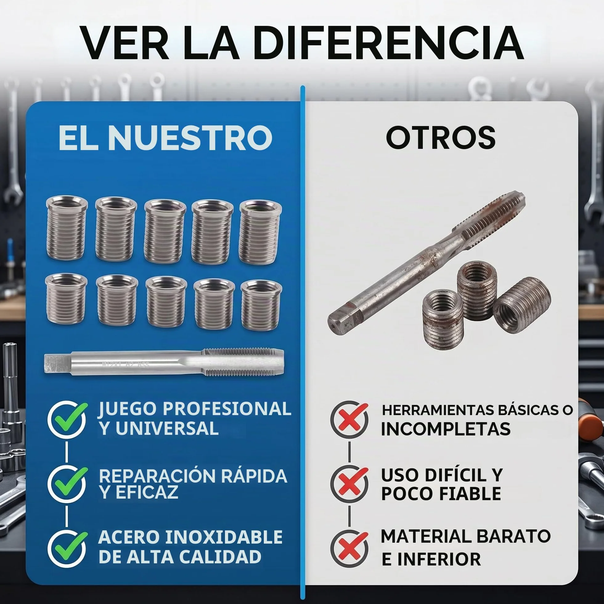 Kit de reparación de roscas de bujía, 10 insertos roscados M10x1.0 y 1 macho roscado M12x1.0, herramientas para grifo de la bujía para la reparación de