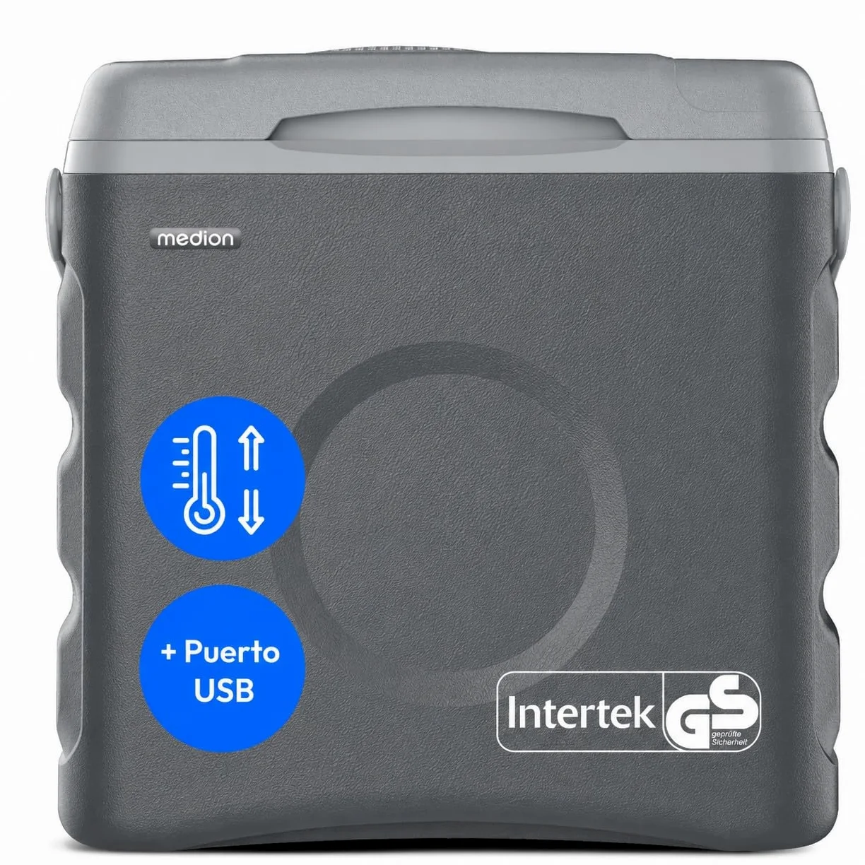 MEDION Nevera Portátil Termoeléctrica 35 L Capacidad Bruta Función Refrigeración y Calentamiento Alimentación 12V Toma de Coche 230V USB 5V para Coche Barco y Camping, MD370030 Gris Clase Energética E