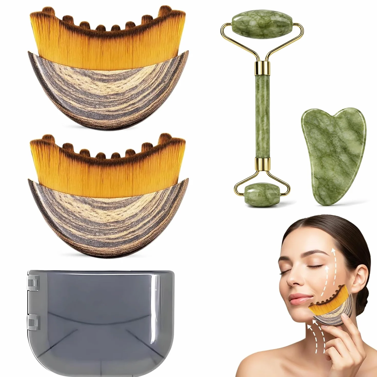 Cepillos Linfáticos Faciales Set 4 Piezas Jade Gua Sha y Rodillo de Jade Masaje Tensado Facial