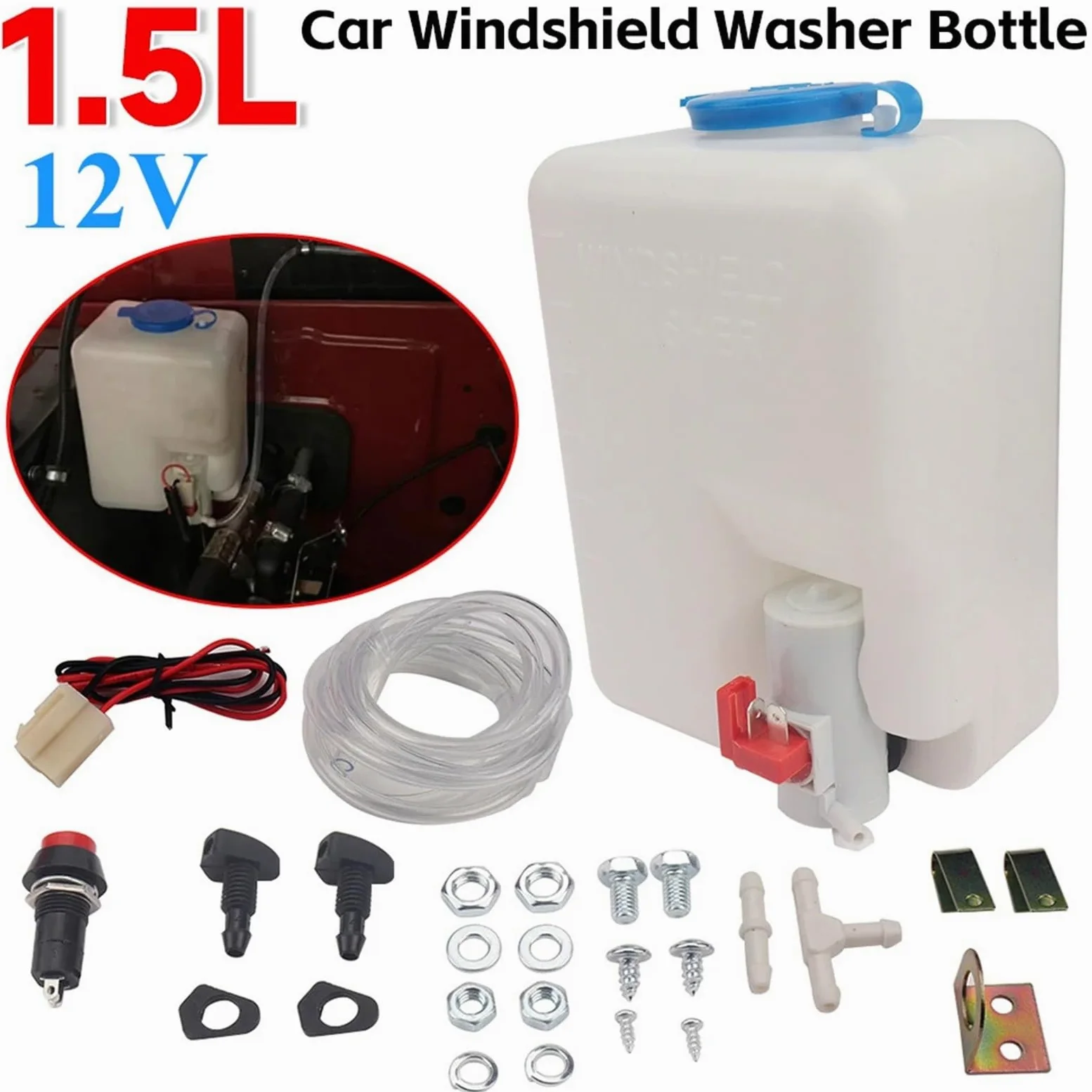 válvula limpiaparabrisas Kit universal de botella de lavaparabrisas para coche de 1,5 l, bomba de lavaparabrisas de 12 V, depósito de líquido, boquilla y pulverizador.