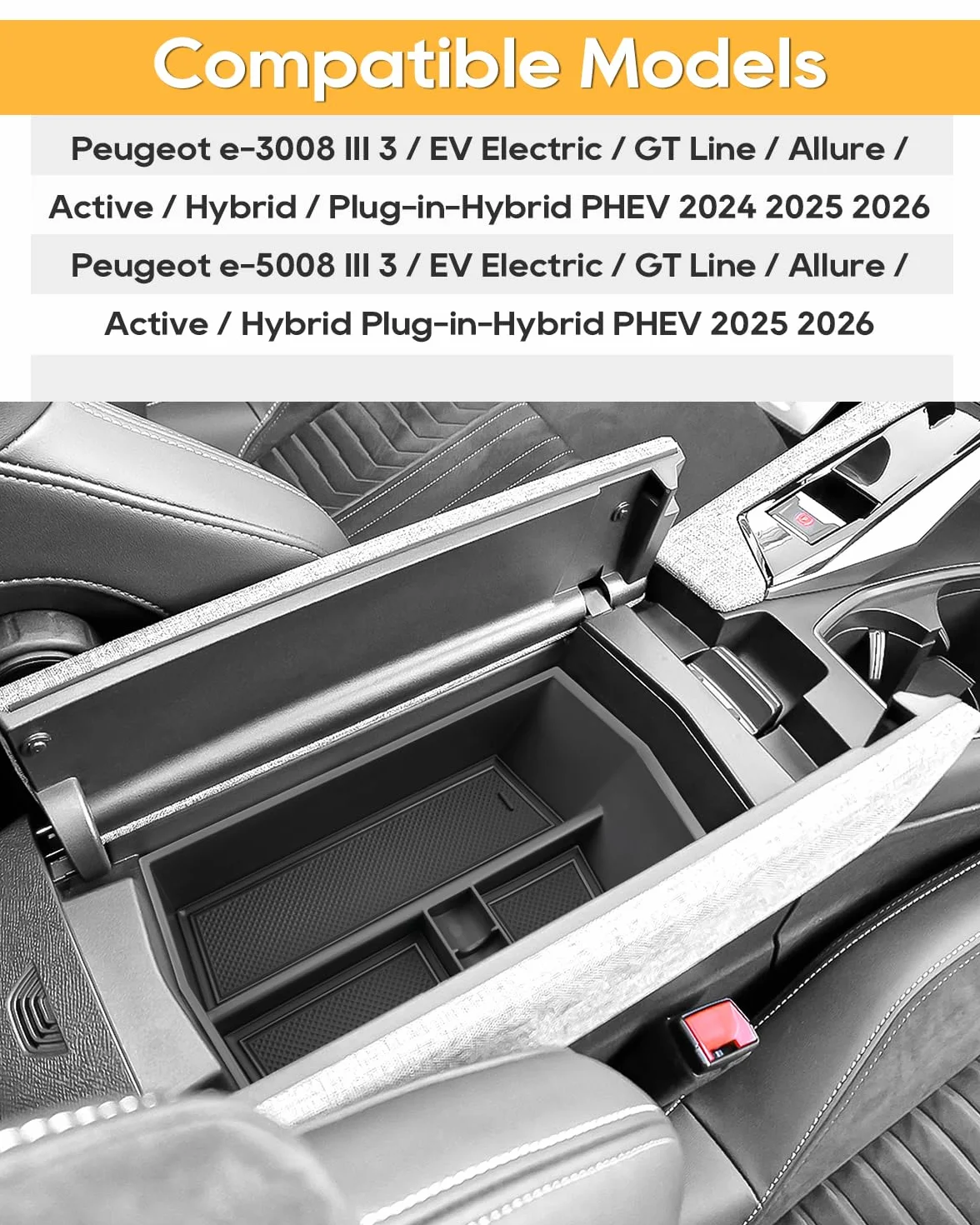 LFOTPP Caja de almacenamiento para consola central compatible con Peugeot E-3008 E-5008 EV GT Allure 2024 2025, E3008 P64, organizador de reposabrazos, bandeja para reposabrazos central, guantera