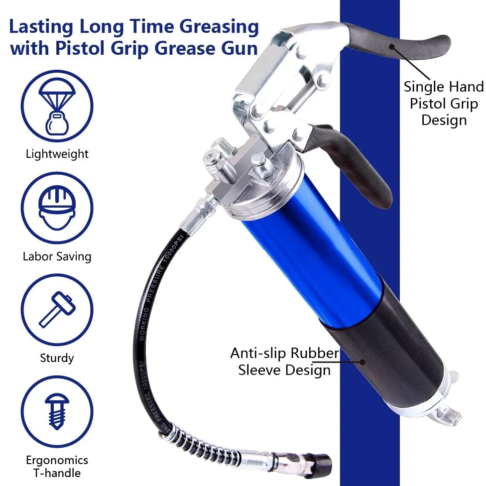 Boquilla engrasadora Boquilla Bomba de Engrase Duty 6000PSI Pistola engrasadora Empuñadura de Pistola 400cc 14oz Lubricación W/12quot; Manguera Flexible y 5-1/2" Extensión Metálica(Blue)