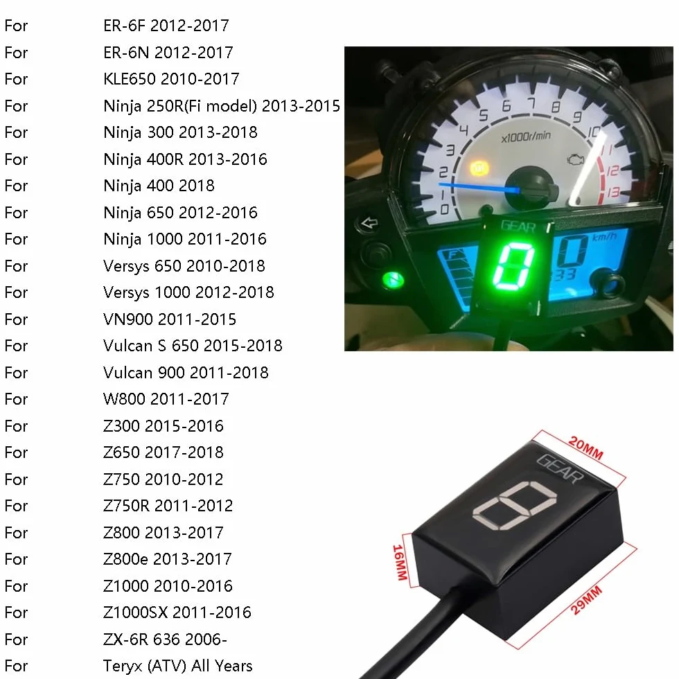 Indicador de marcha digital LED de 1 a 6 velocidades resistente al agua compatible con Kawasaki ER6N Z1000 SX Nin & ja 400 650 Z800 Z750 Versys 650 Z650 W800 Nin & ja 300 Vulcan
