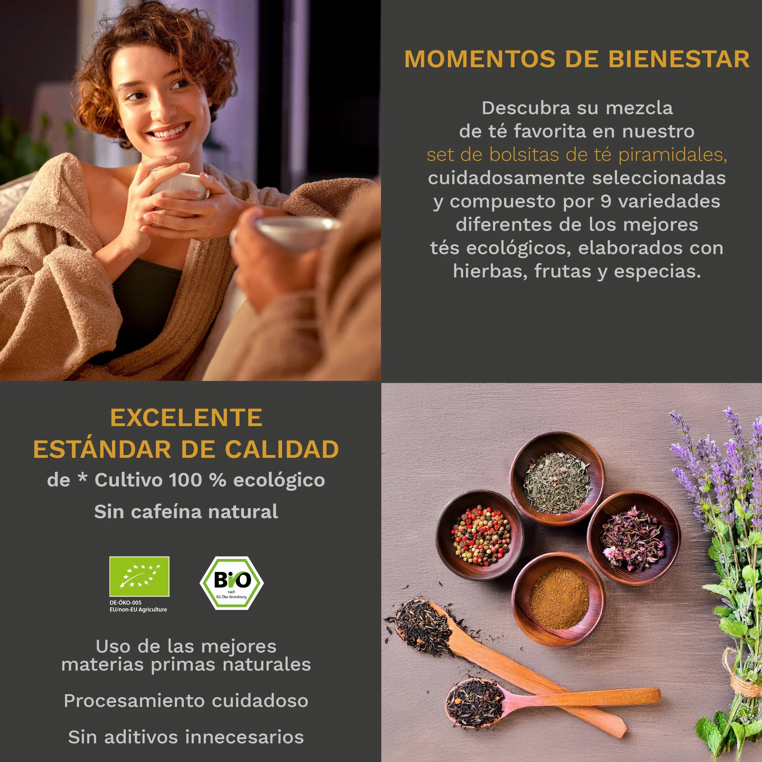 Creano Set de Regalo Té Bio Infusión Hierbas 24 Bolsitas Piramidales 9 Variedades Sin Cafeína