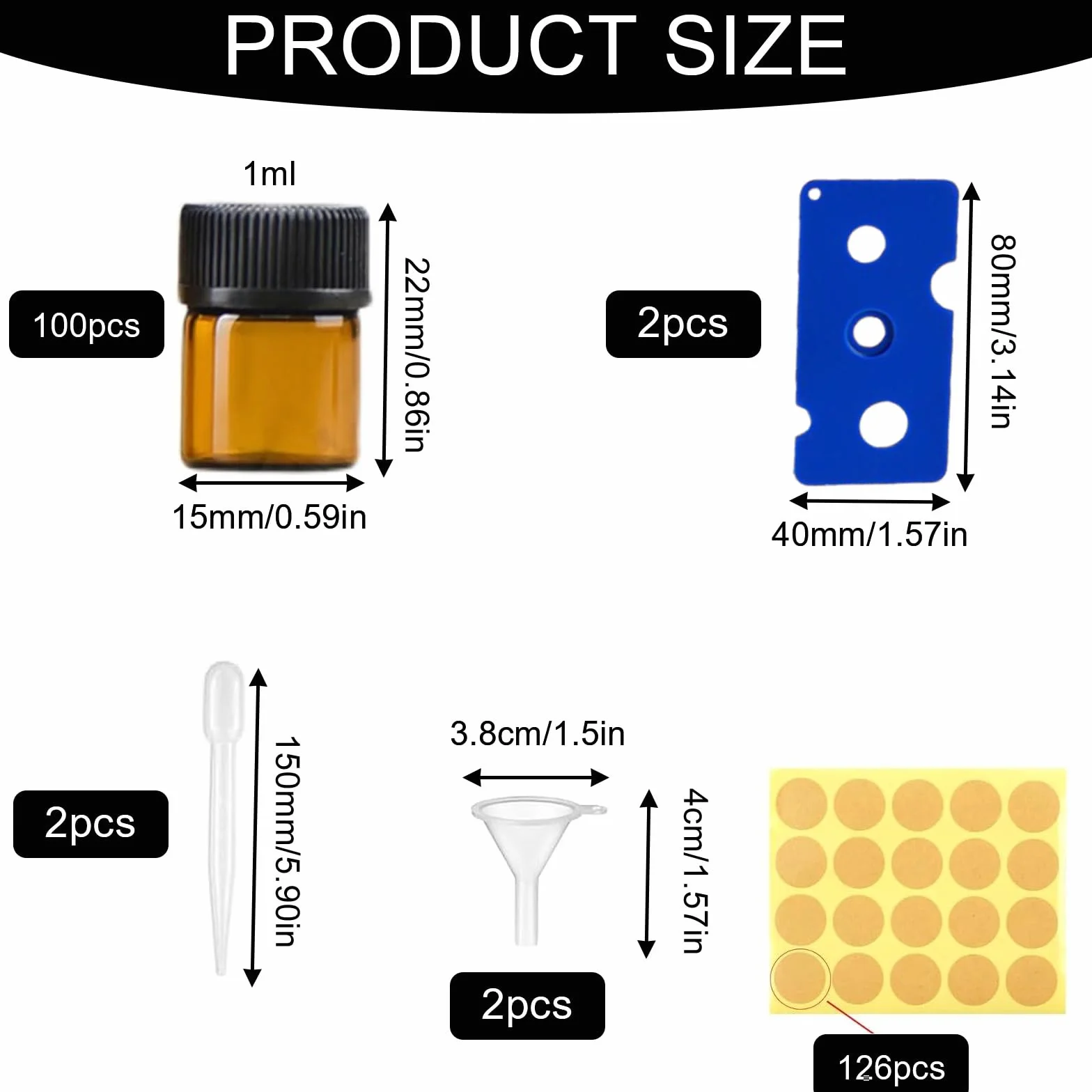 Mini Botellas de Aceite Esencial Vacías de Vidrio Ámbar 1ml, 100 pcs con Pipetas y Embudos