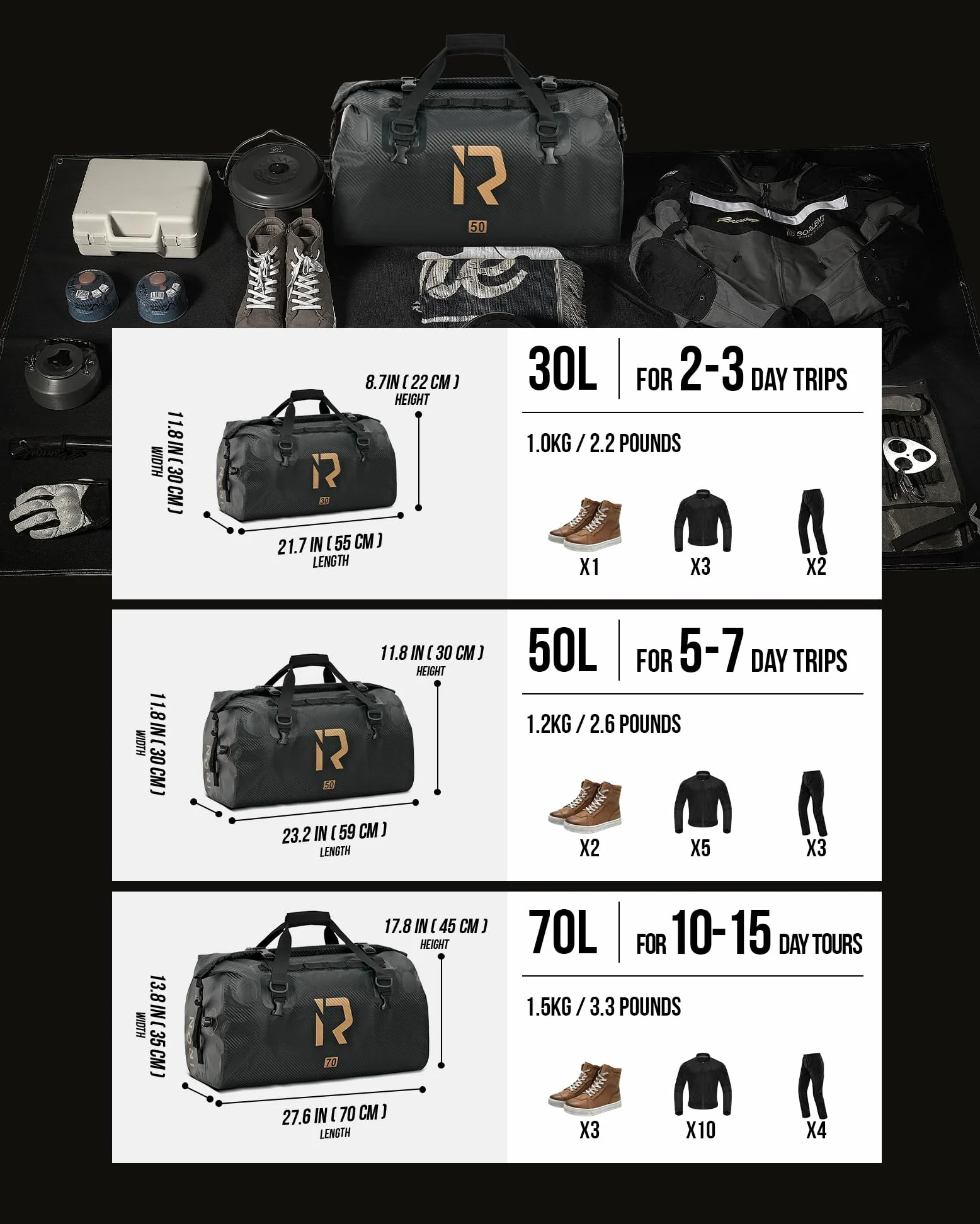 IRON JIA'S Bolsa Impermeable de Viaje para Moto y Ciclismo - Bolsa Trasera con Cierre Superior Enrollable y Correas para los Hombros - Adecuada para Camping y Deportes Acuáticos - 50L