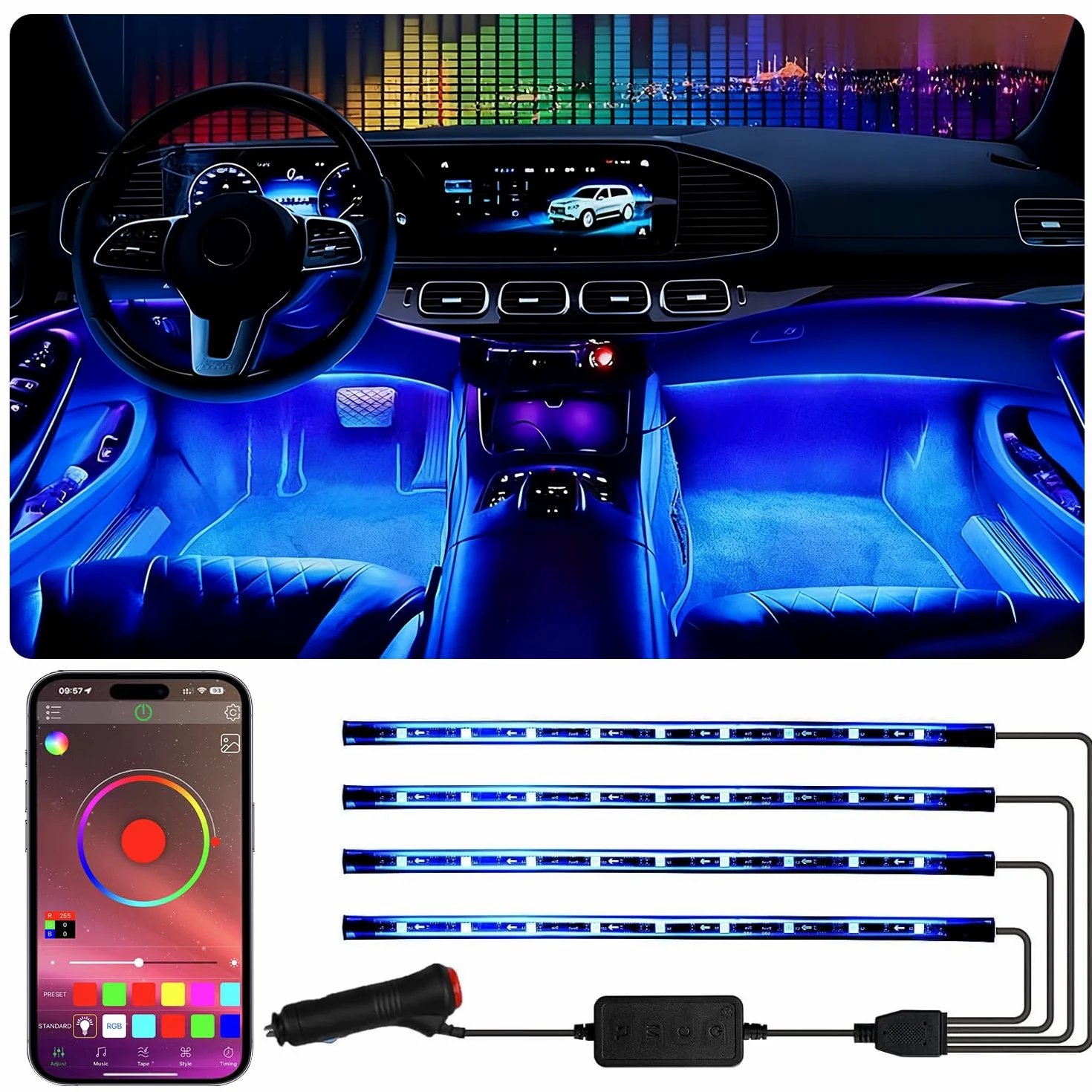 Tiras de luz LED para coche con control de aplicación inteligente de 4 hilos, kit de 72 luces LED multicolor con sincronización de música para coches, camiones, SUV a través de encendedor de