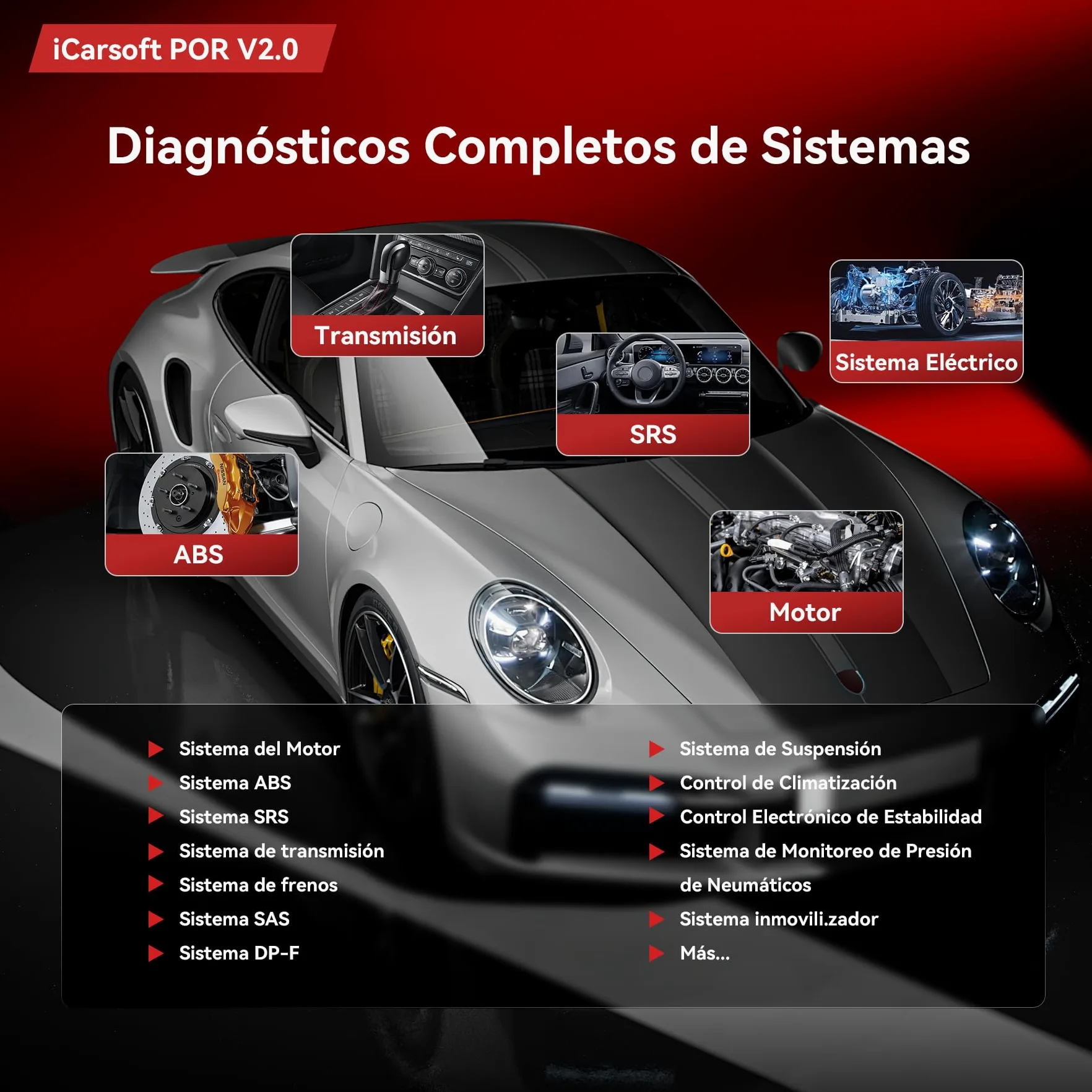 iCarsoft por V2.0 OBD2 Máquina Diagnosis Coche para Porsche/Cayenne/Macan, Escáner de Todo el Sistema, Detector Fallos Coche con 9 Funciones Reinicio, Prueba de Batería, Actualización de por Vida