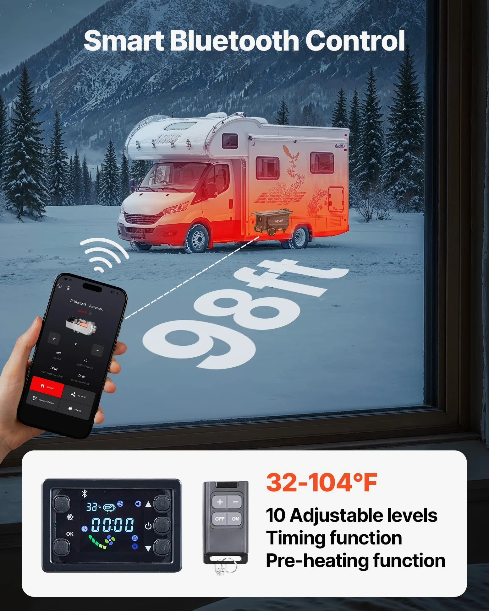 VEVOR Calentador Diésel 8 kW Portátil, con Control por Aplicación Bluetooth, Mando a Distancia y Pantalla LCD, Diseño con Ruedas, Depósito de Combustible de 5 L para Camiones, 566 x 400 x 321 mm