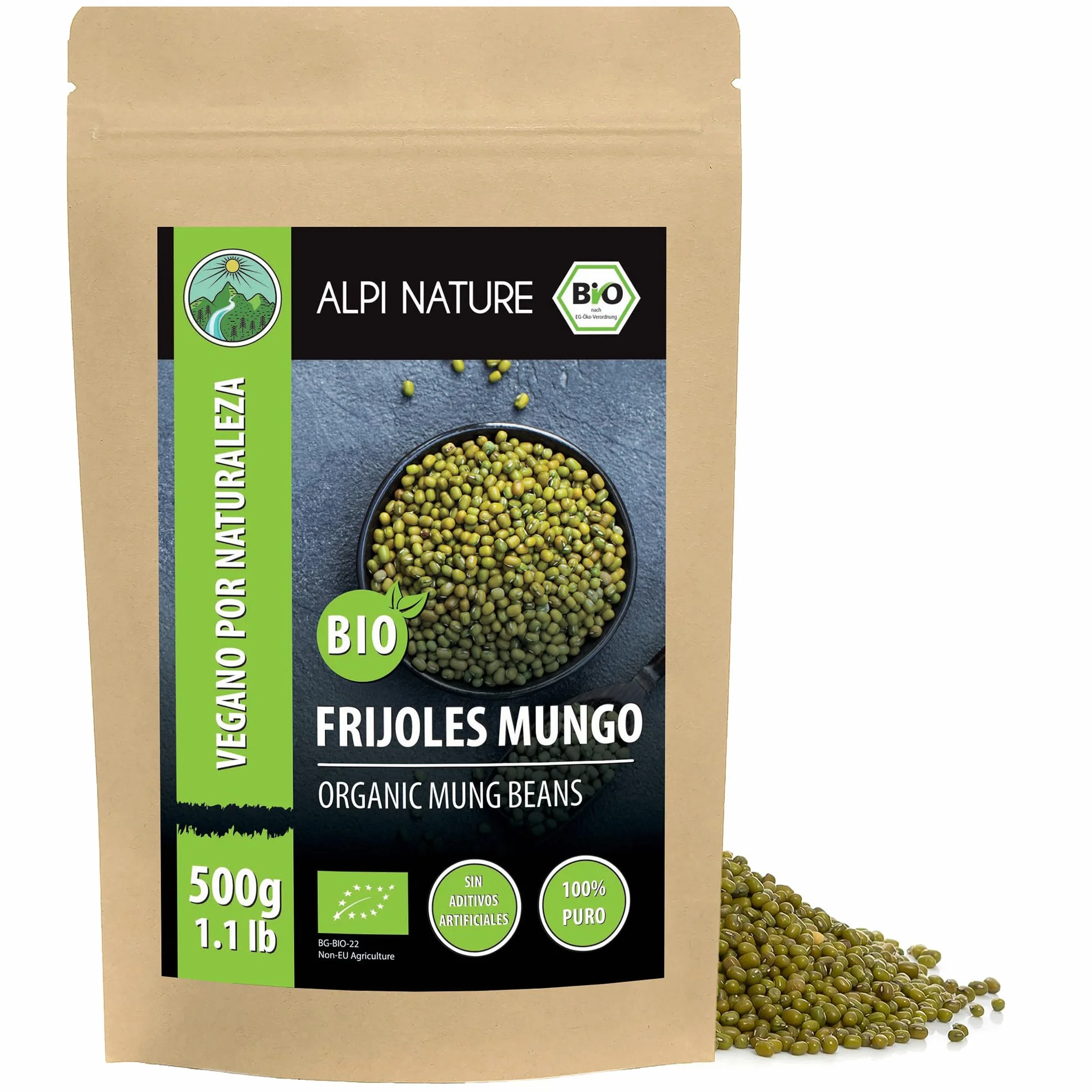 Alpi Nature Frijoles Mungo Orgánicos 500g, Frijoles Verdes Enteros sin Gluten