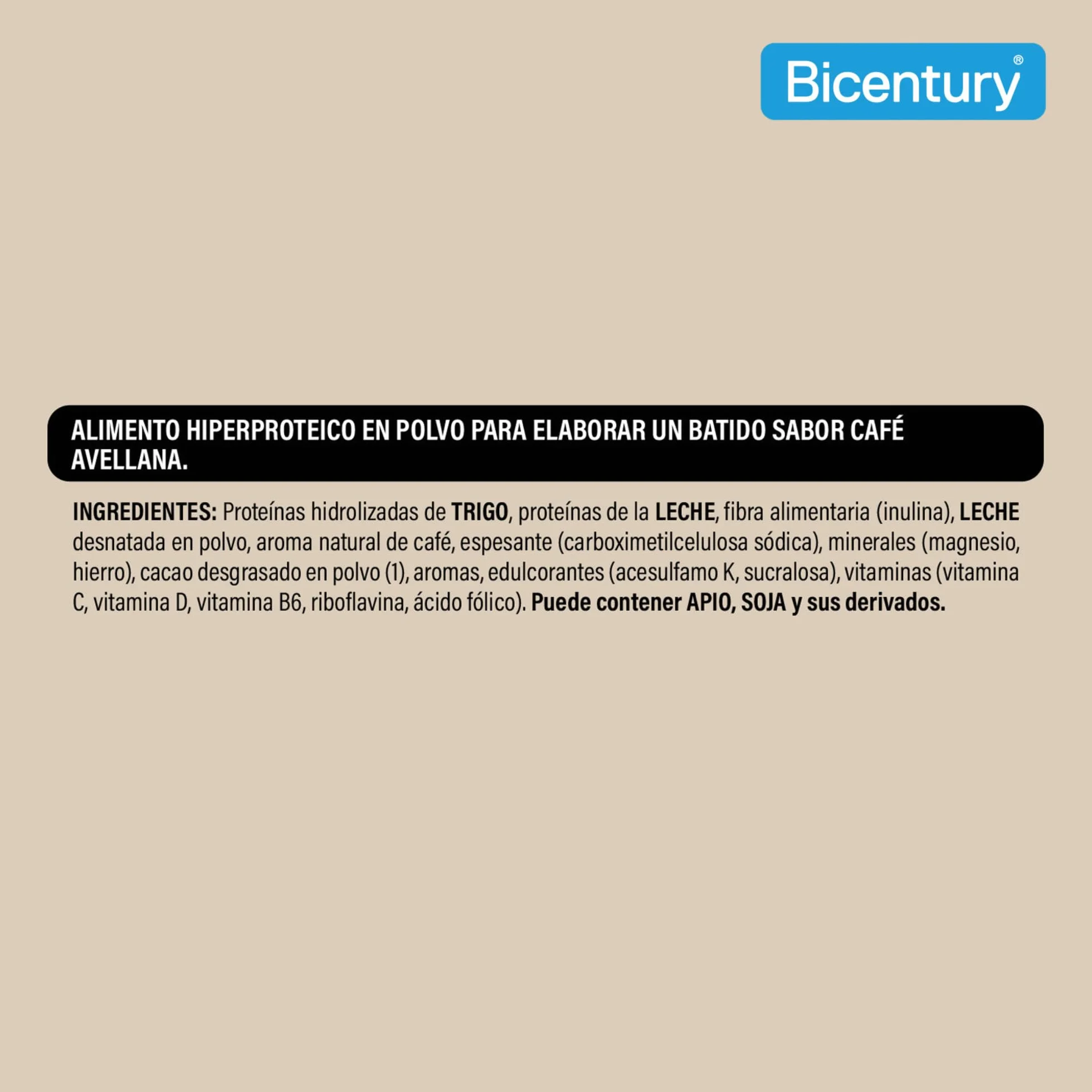 Bicentury Proteína en polvo Moka & Avellana, 20g proteína por porción, Sin Azúcares Añadidos, 340g
