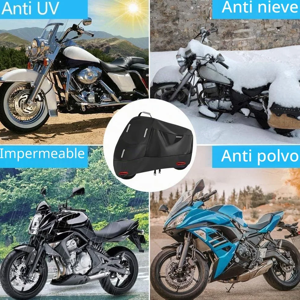 Funda Moto Impermeable para Exterior Interior, 300D Cubierta de Motocicleta Scooter Moped con 5 Tiras Reflectantes y 2 Orificios para Cerradura, 2 Hebillas de fijación (L: 220 x 95 x 110 cm)