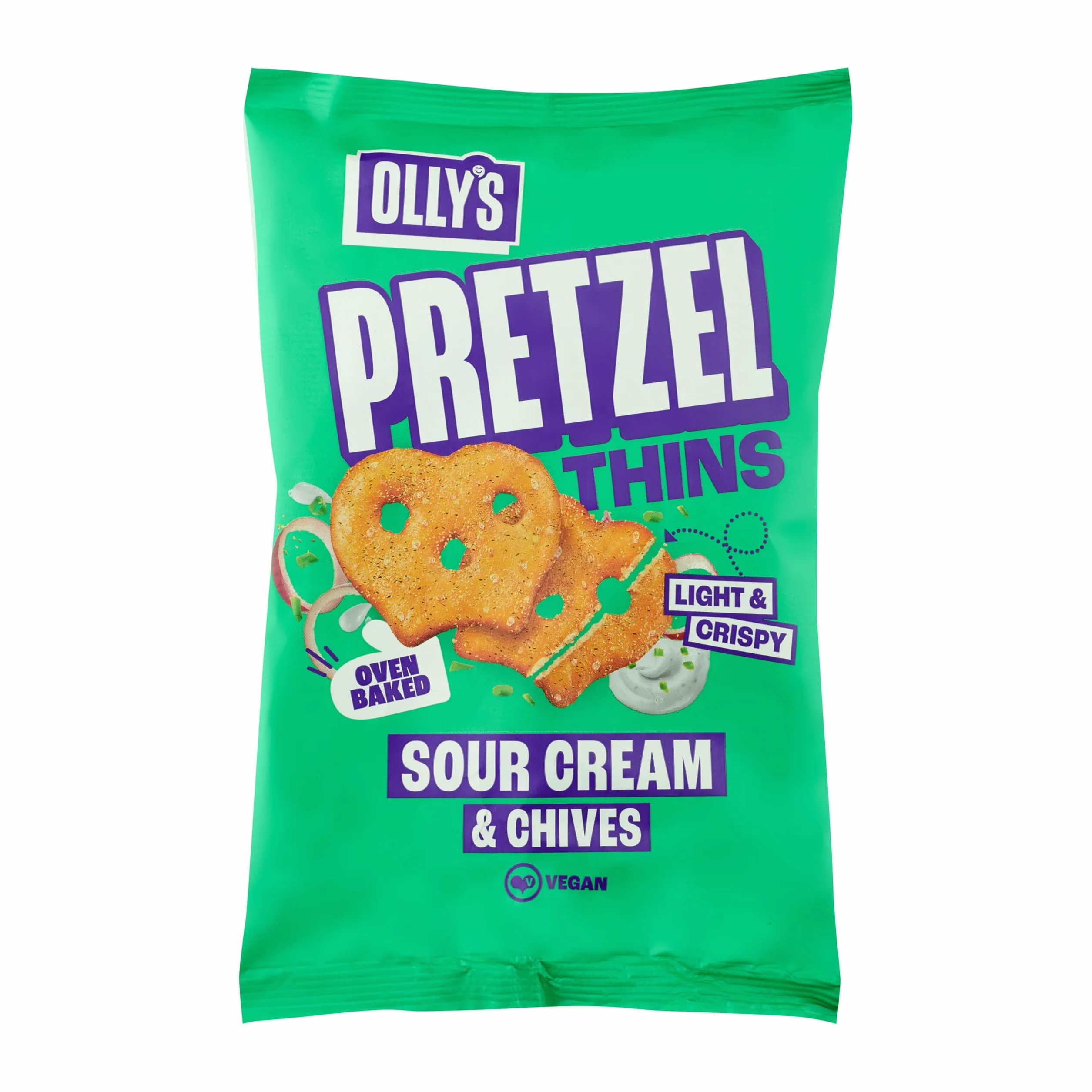 Olly's Pretzels horneados Sabor a Crema Agria y Cebolla, Snacks Veganos, Bolsa 140g
