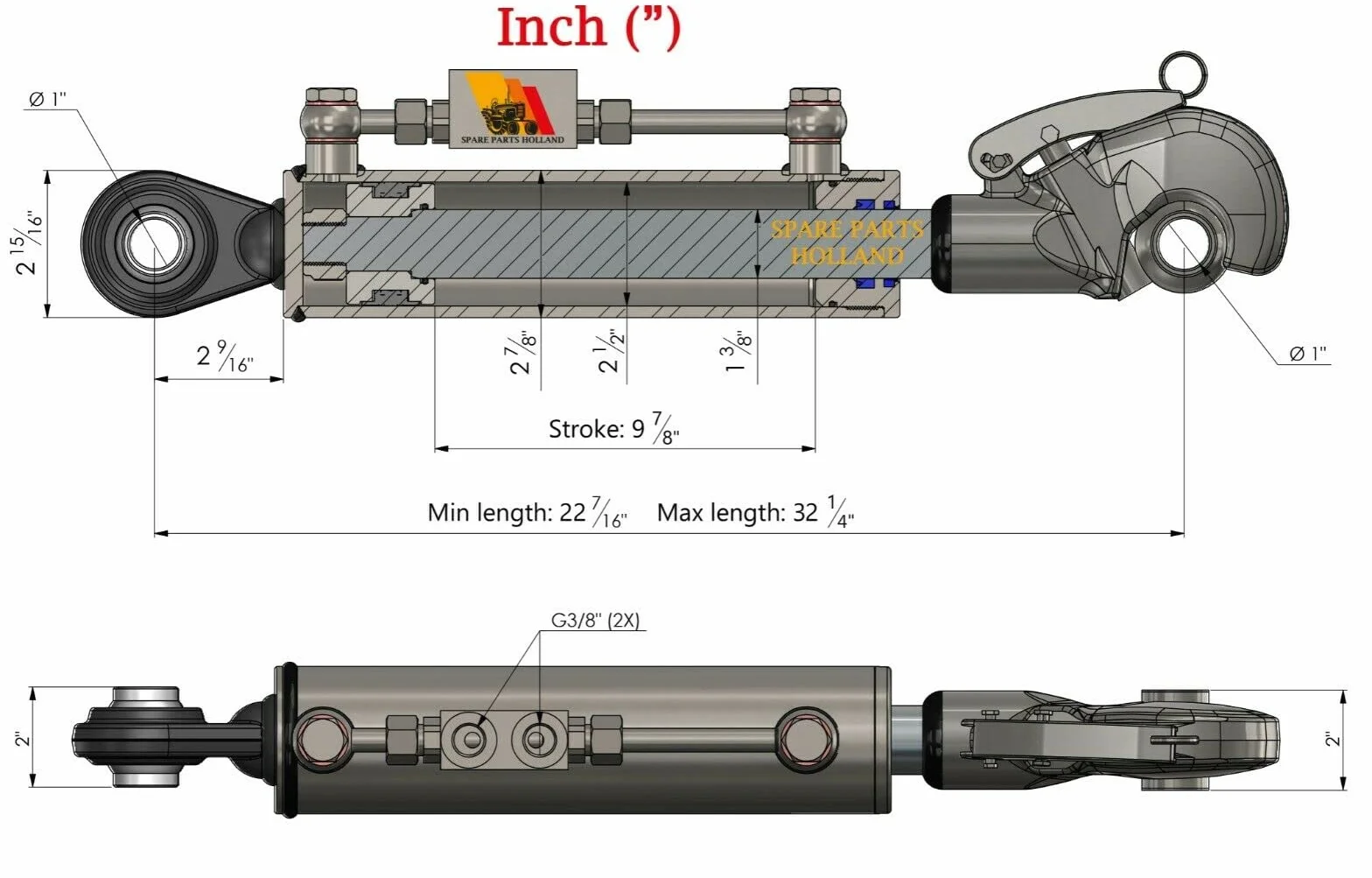 Tercer Punto Hidráulico Cat. 2 (600 - 876 mm) con Engache Rápido, Bloque de Bloqueo y 2 Mangueras