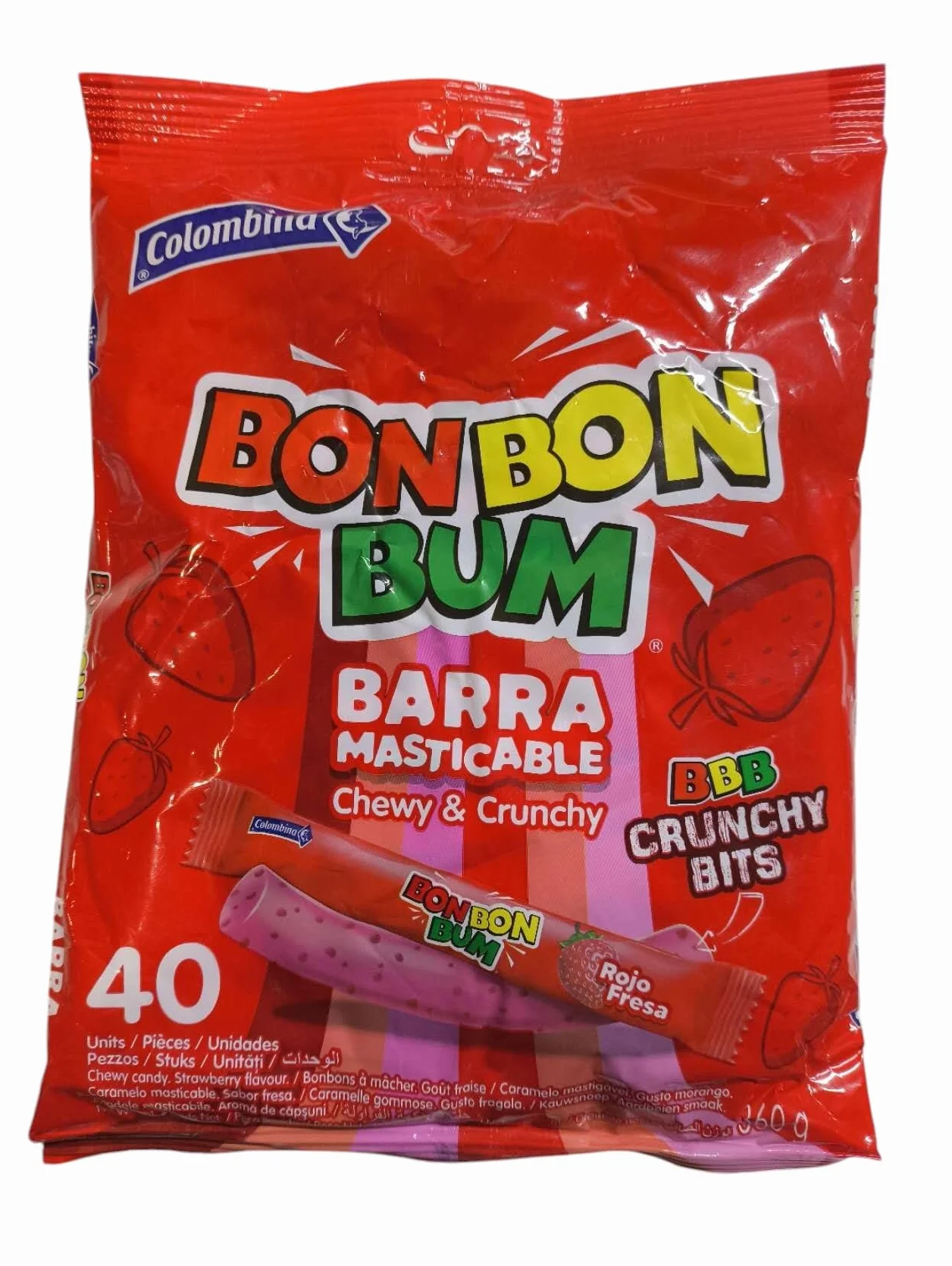 Bon Bon Bum Barra Masticable Sabor a Fresa Caramelos Suaves 360g Pack 40 Unidades