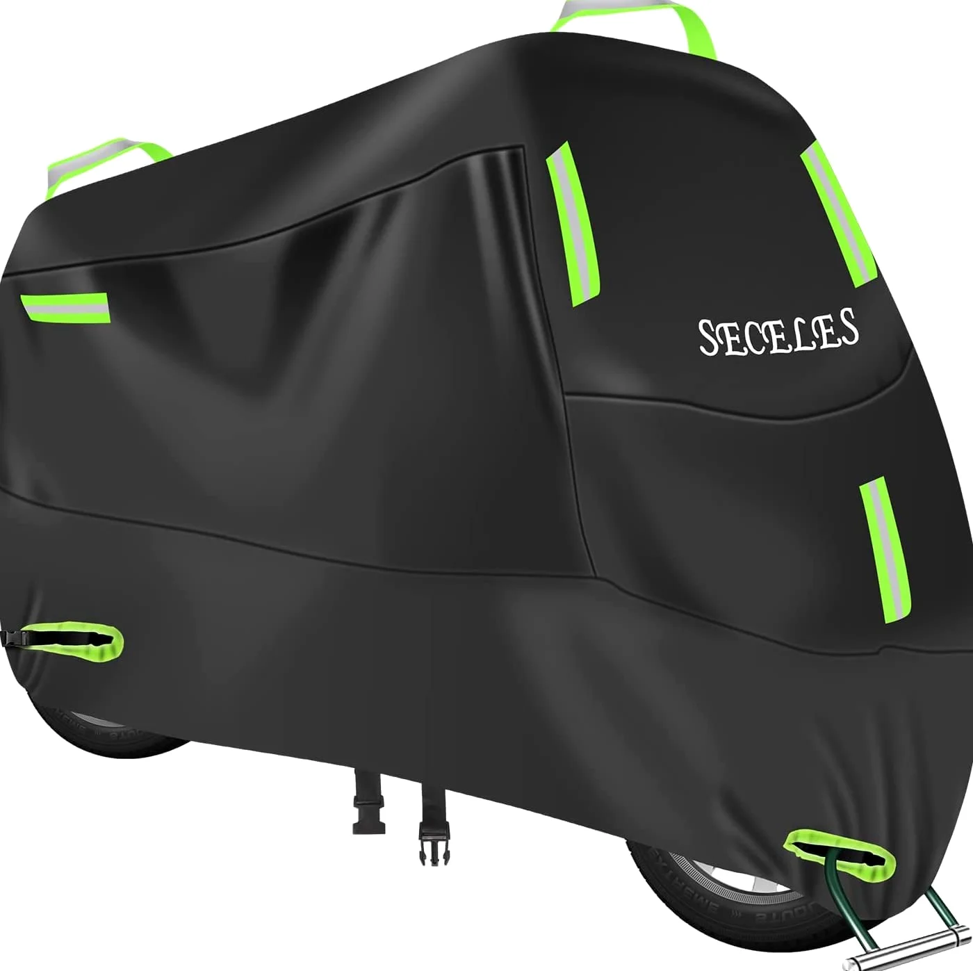 Funda Moto Impermeable 300D, Cubierta de Motocicleta Scooter Motocross Exterior Interior con 7 Tiras Reflectantes y 2 Orificios para Cerradura, 2 Hebillas de fijación (4XL:295 x 95 x 140 cm)