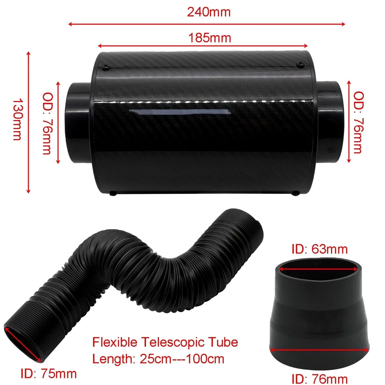Manguera Admisión De Aire 1 Juego De Filtro Aire Frío, Kit Manguera Tubo Entrada Fibra Inducción Cerrada, Universal 76mm Y 3"