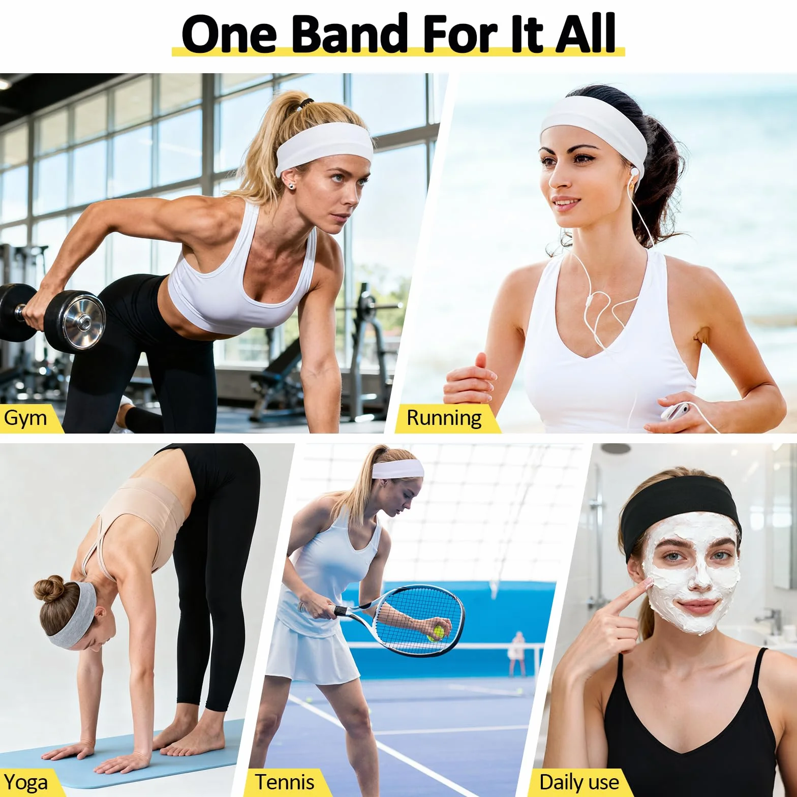 Diadema Mujer Antideslizante Tela Cinta Pelo Deporte Bandana Hombre Elástica Absorbente Sudor Headband Correr Yoga Gimnasio Negro Blanco Gris