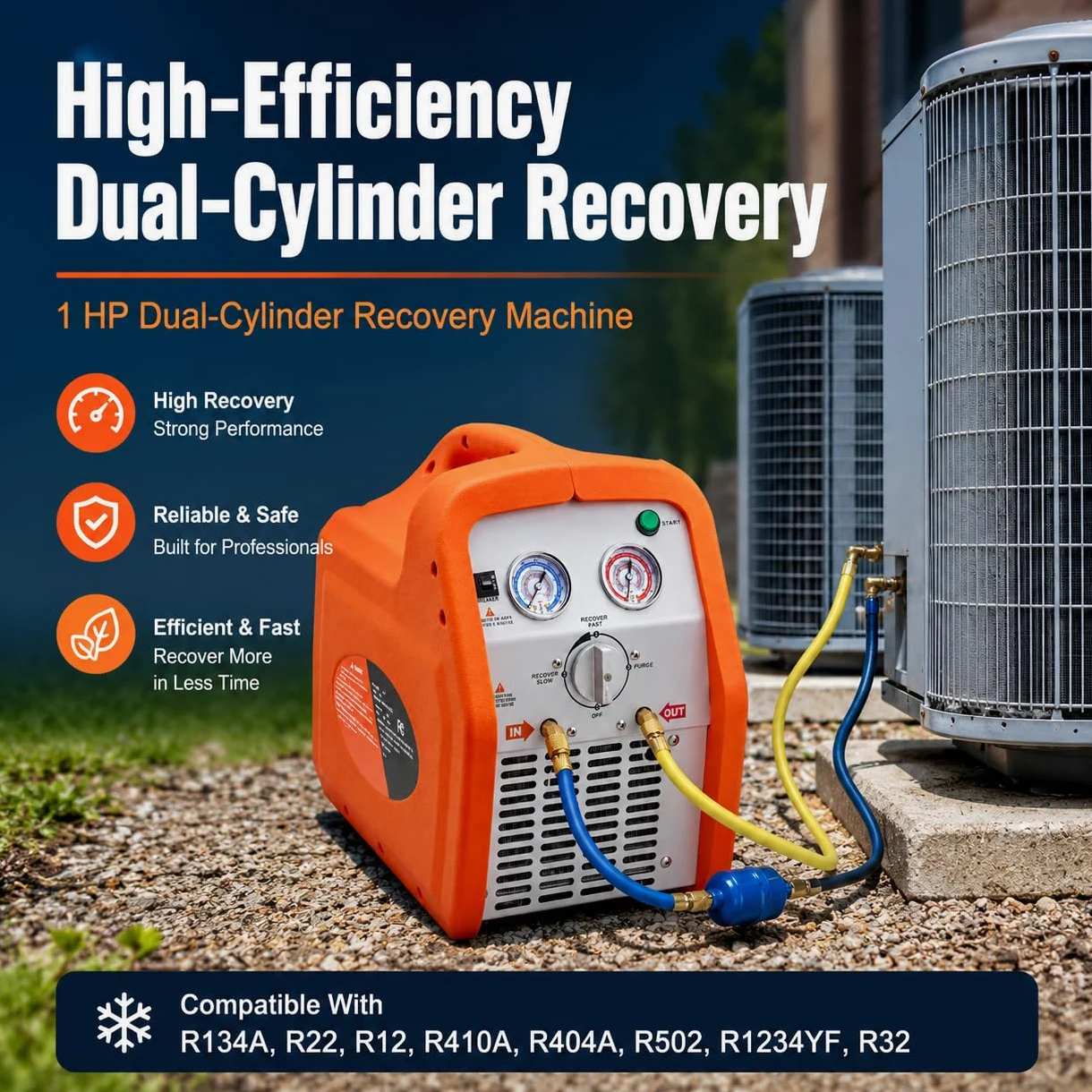 Máquina de recuperación de refrigerante 220-240 V, unidad de recuperación de CA portátil para HVAC automotriz, extracción de vapor y líquidos, diseño eficiente y compacto