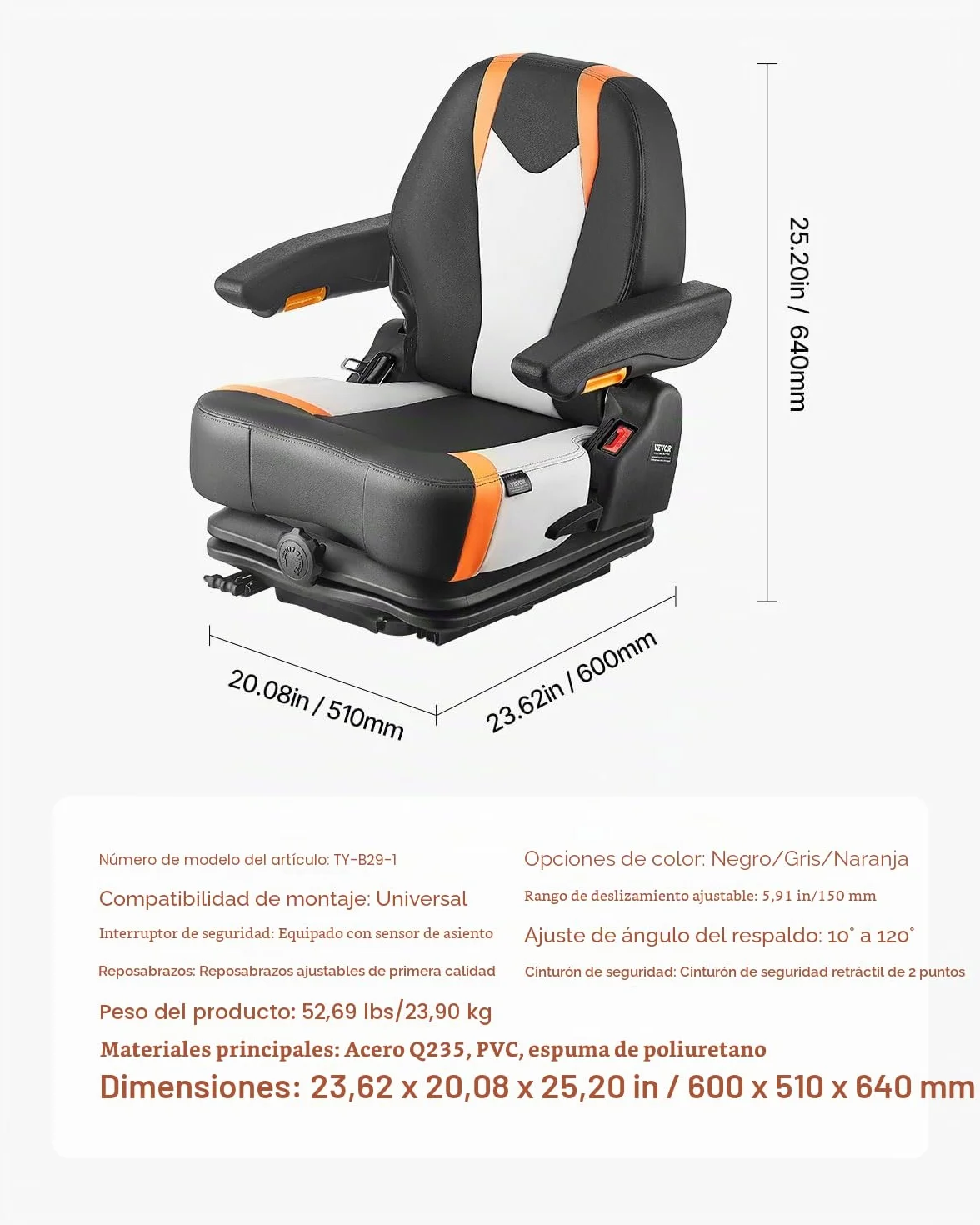VEVOR Asiento Universal para Carretilla Elevadora 60 x 51 x 64cm, Asiento con Suspensión, Respaldo Ajustable, Reposabrazos y Cinturón de Seguridad, Microinterruptor, para Cortadora de Césped, Tractor