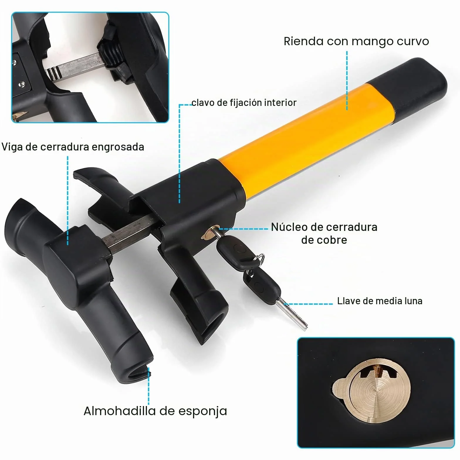 Bastón antirrobo para coche, antirrobo para volante, coche, bloqueo de volante, barra universal, cerradura de volante, dispositivo de bloqueo, 2 llaves