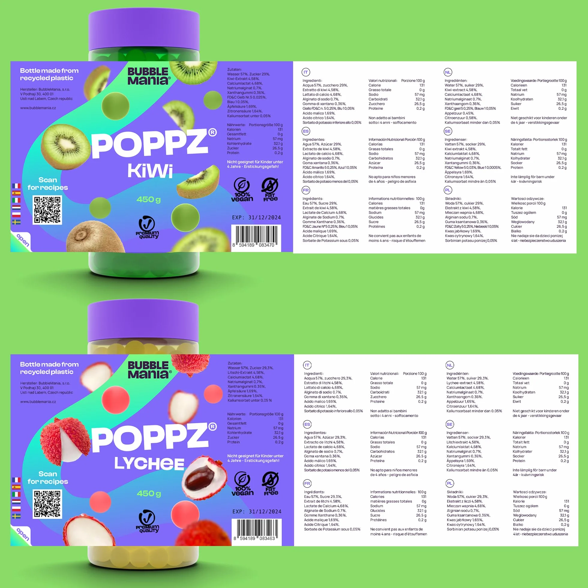 BubbleMania Set de Bubble Tea Boba Popping Perlas de Tapioca 4 Paquete Maracuyá Lichi Kiwi Sandía