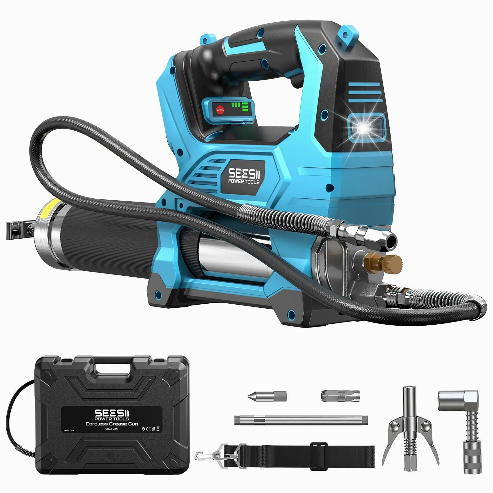 Seesii 12.000 PSI Engrasadora Batería Compatible con la batería Makita de 18 V (sin batería), 3 Velocidades, Motor Brushless, Manguera de 1.2m, Acoplador de 90° y Luz LED para Equipos Pesados
