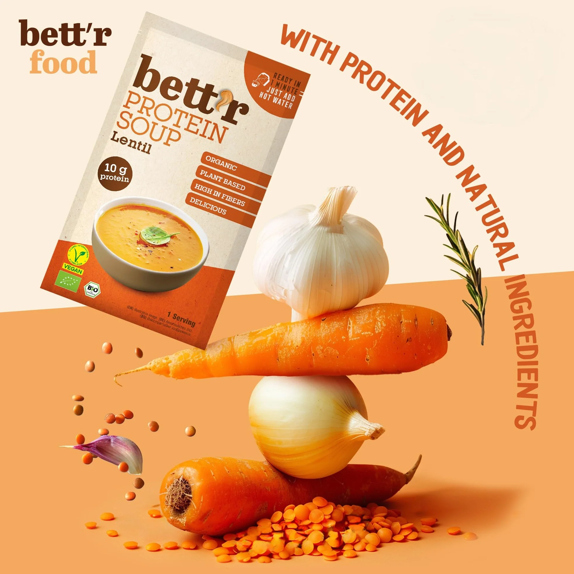 Bett’r BIO Sopa de Proteína con Lentejas Rojas 100% Orgánica Vegana sin Gluten 16 x 30 g