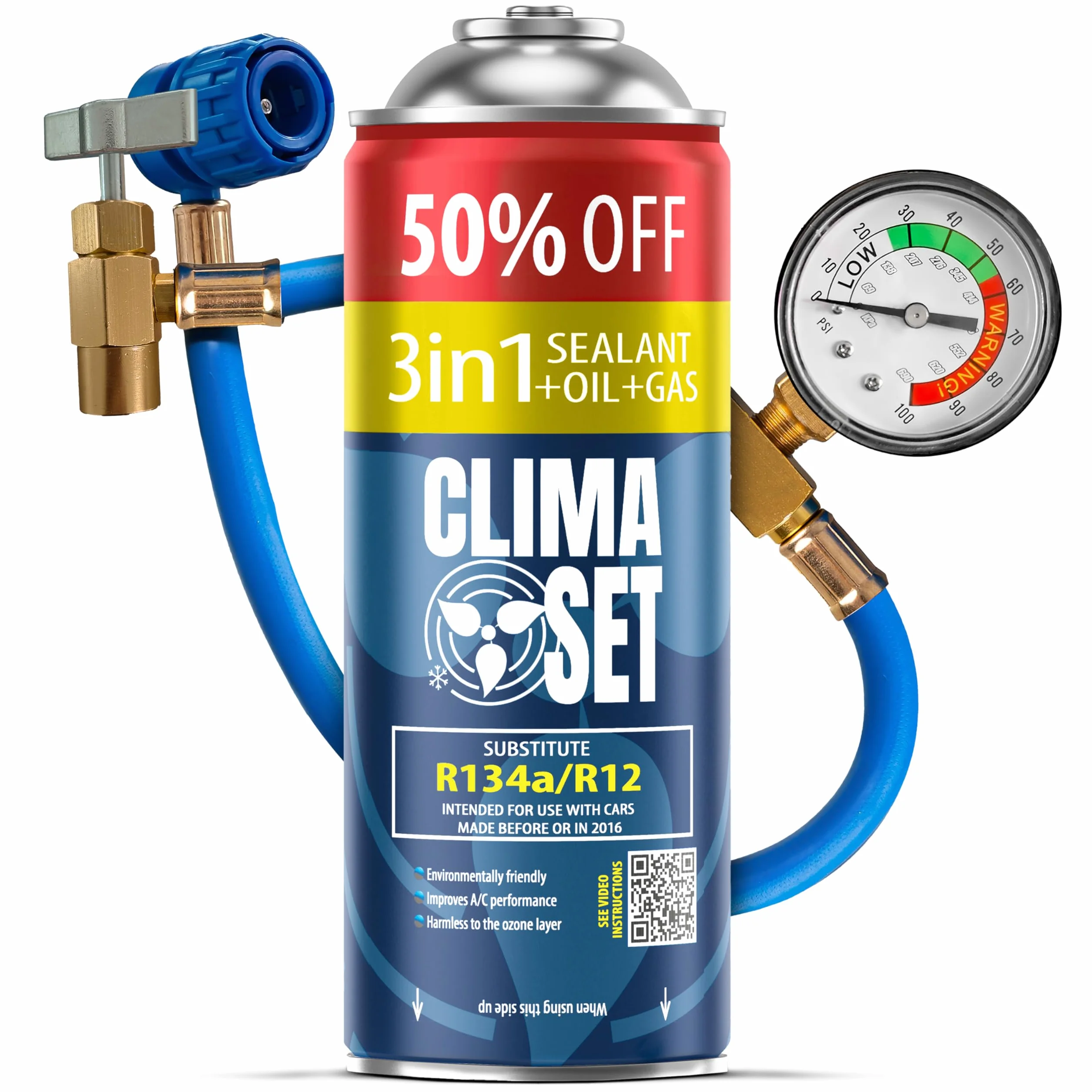 Recambio gas R134a R12 3in1 con manguera manometro Kit recarga aire acondicionado coche 1x235 g ECO