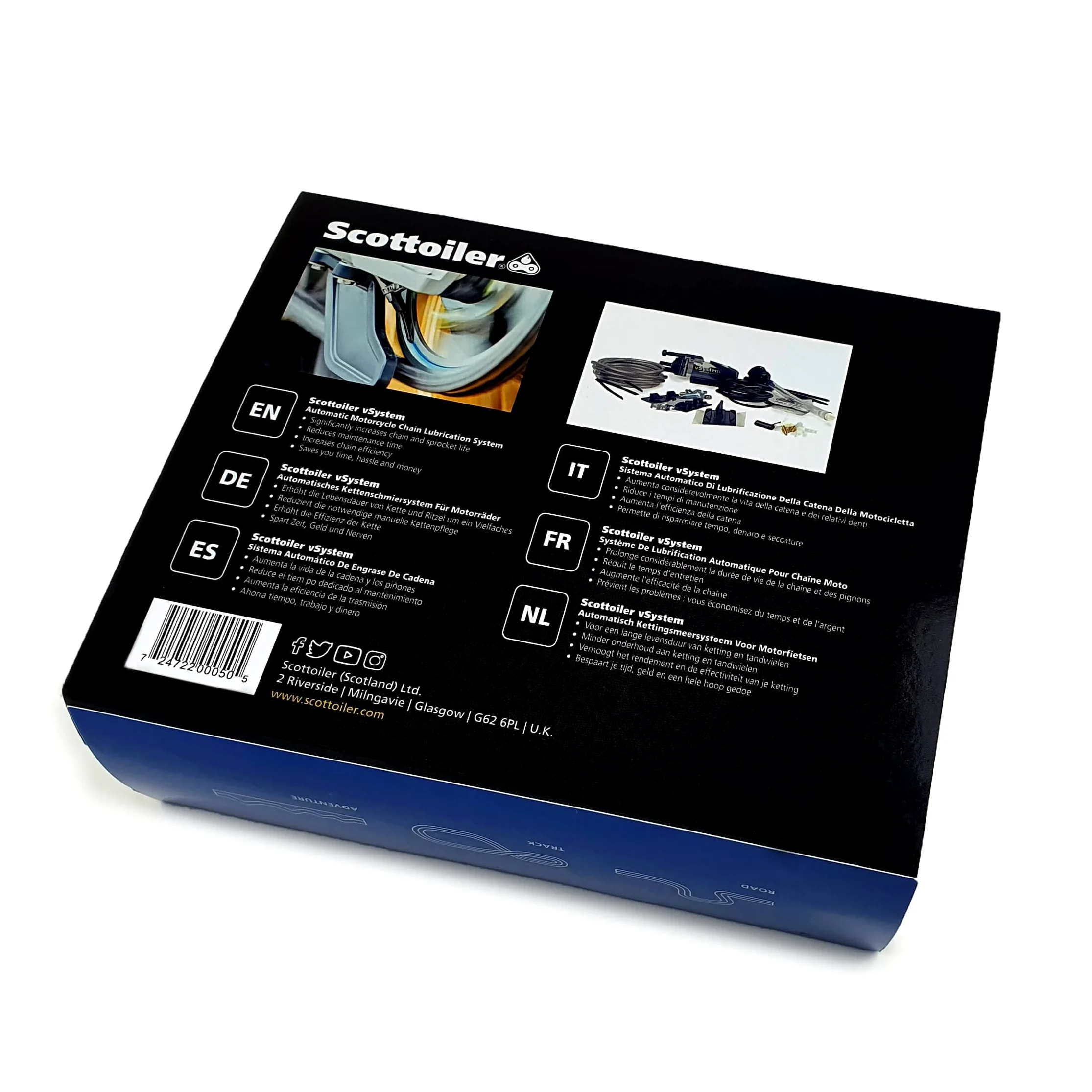 Scottoiler Essentials - Micro-vSystem - Lubricador Automático de Cadena de Motocicleta y Recarga de Scottoil Azul - Kit de Inicio BUNDLE