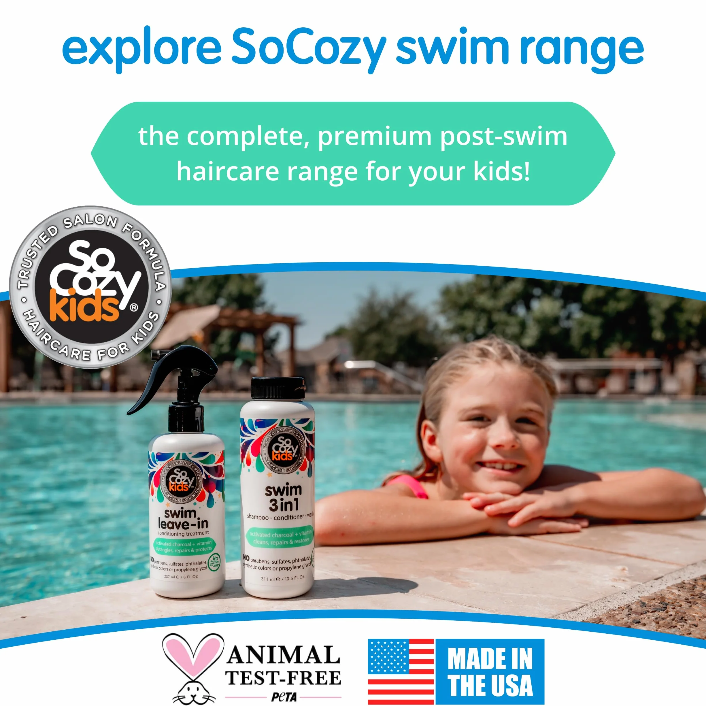 SoCozy Kids Swim 3 en 1 Champú, acondicionador y lavado corporal con carbón activado