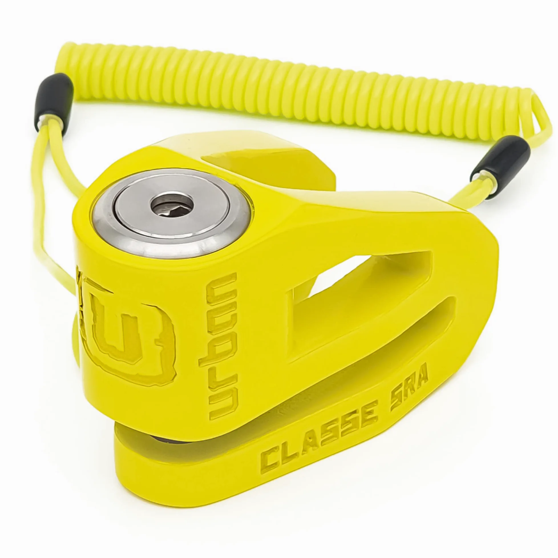 URBAN UR210Y Candado Moto Homologado SRA, Antirrobo Disco Máxima Seguridad, Testado Doble Bloqueo ø10mm, Cerradura Anti-Taladro, Arquitectura Ligera, Cepo Pinza Motos y Scooter, Acero Inox Amarillo