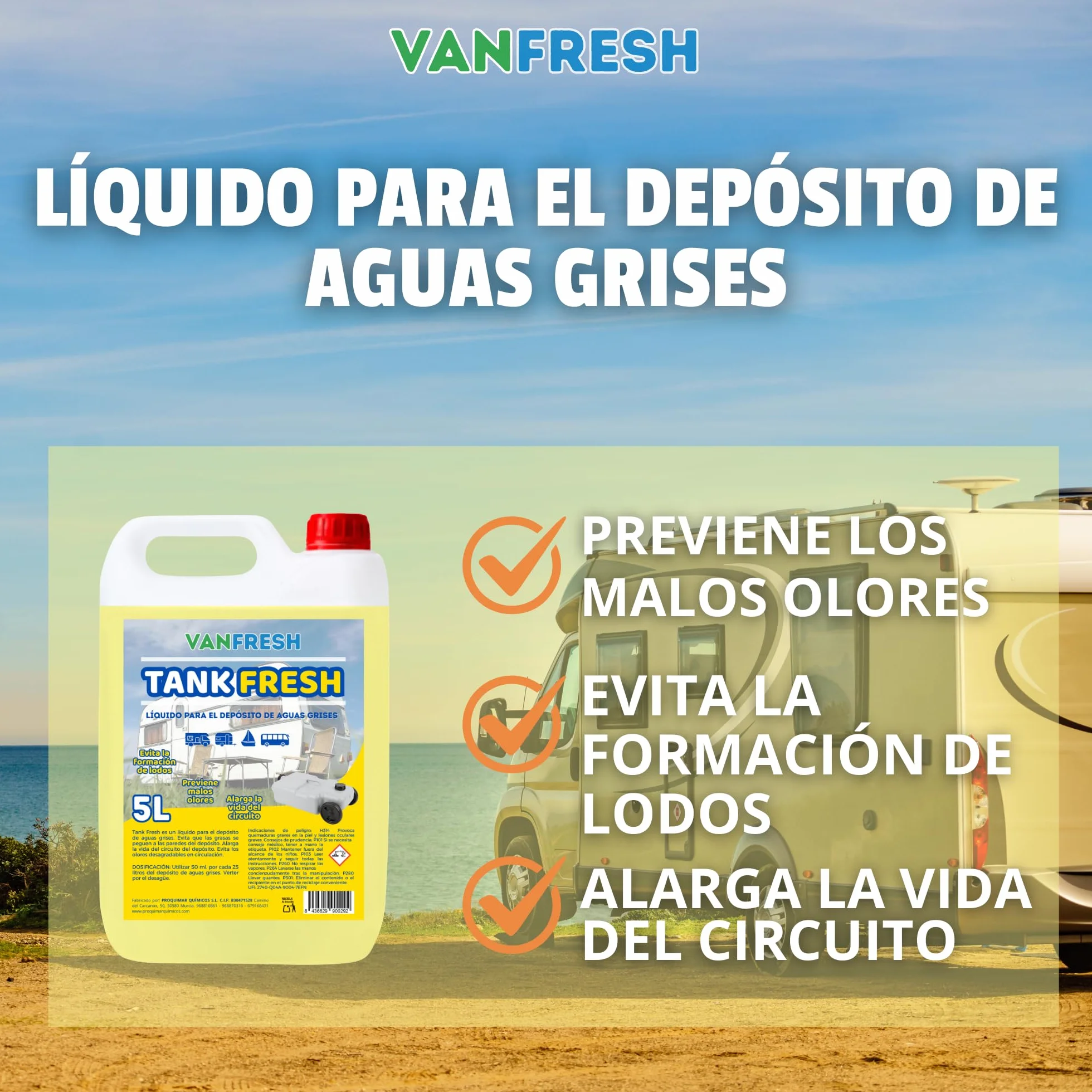 VanFresh Tank Fresh – Líquido para Depósito de Aguas Grises 5L | Elimina Malos Olores, Limpieza y Mantenimiento de Tanques de Autocaravanas, Caravanas y Barcos | Alta Eficacia y Acción Prolongada