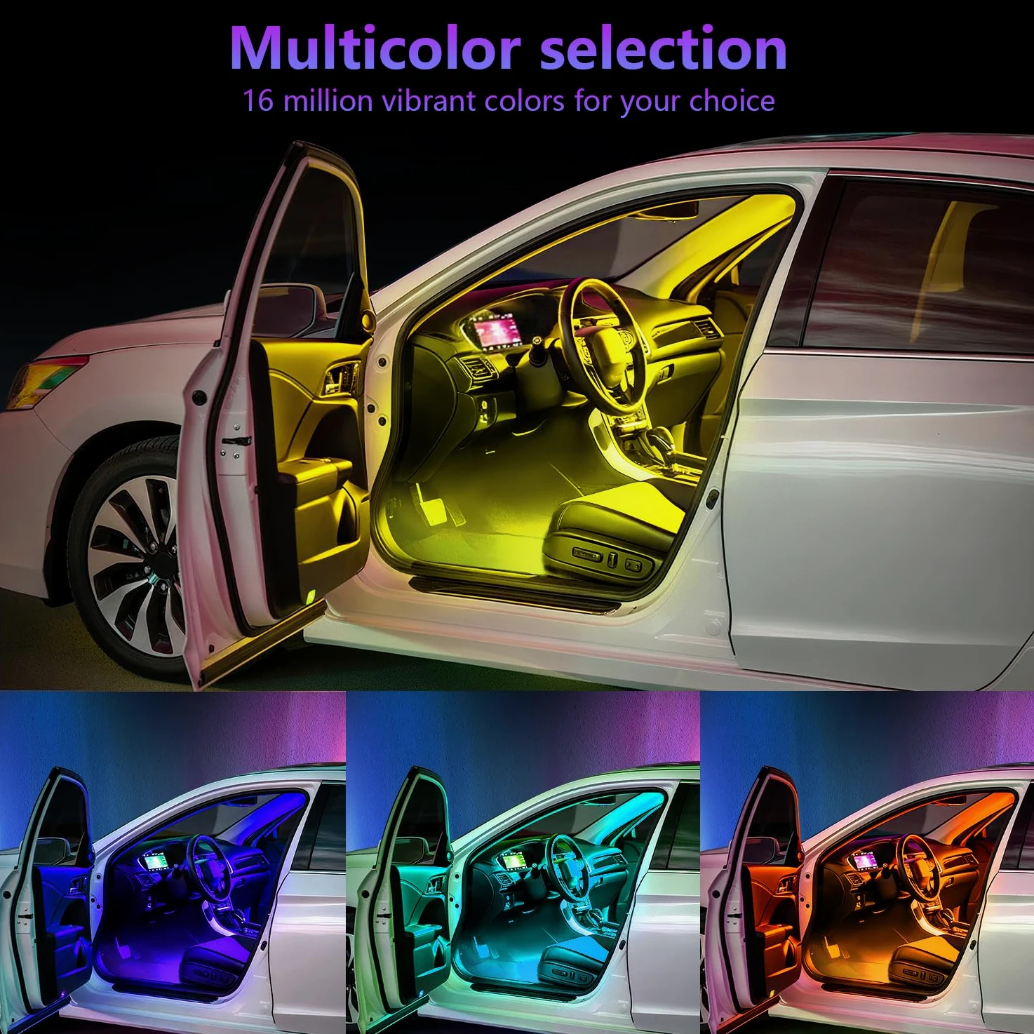Tiras de luz LED para coche con control de aplicación inteligente de 4 hilos, kit de 72 luces LED multicolor con sincronización de música para coches, camiones, SUV a través de encendedor de