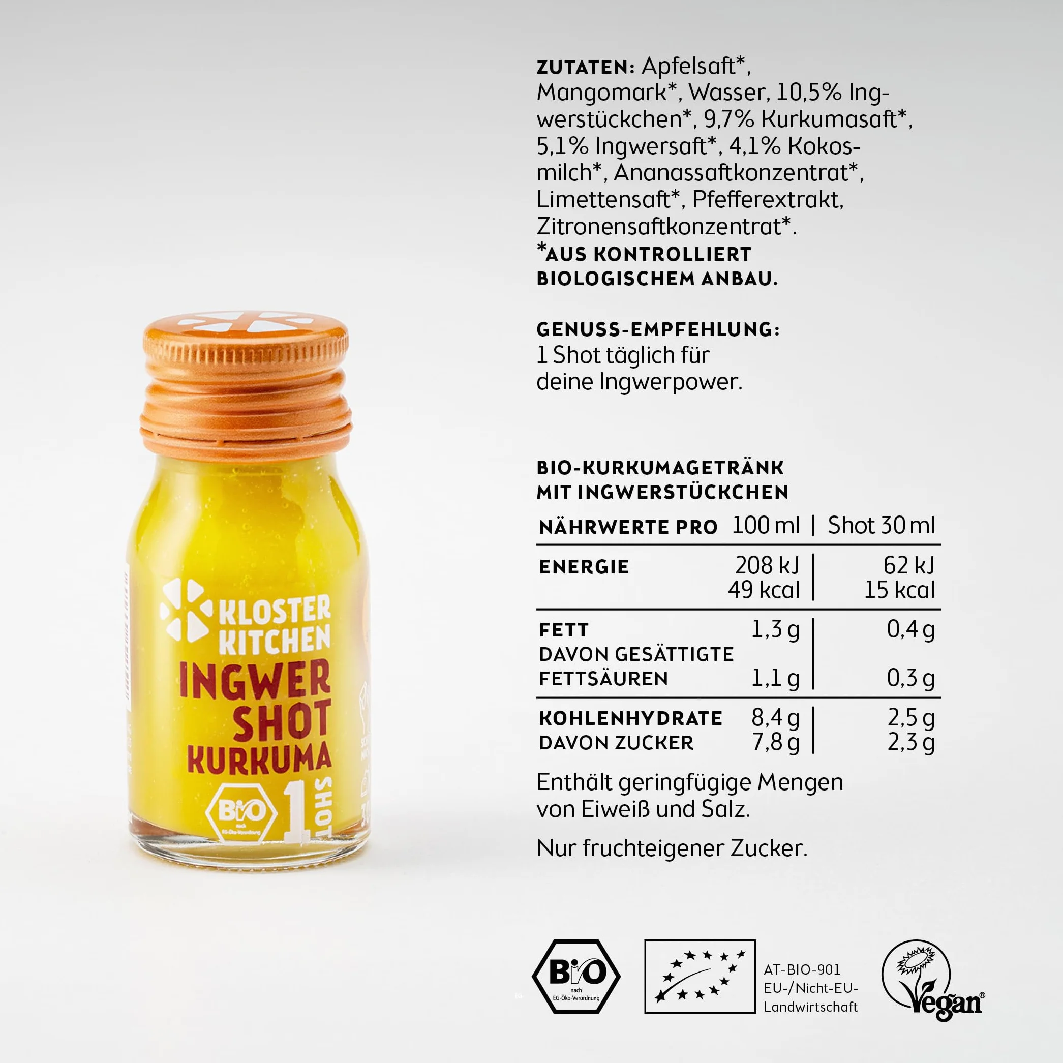 Kloster Kitchen Bio Jengibre Shot Cúrcuma 1SHOT 28x 30 ml Vegano Sin Aditivos
