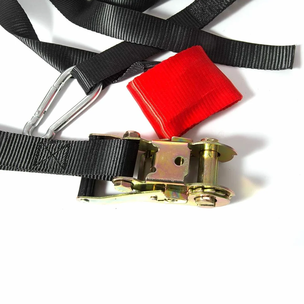 Correa de amarre universal MOTO4U para manillar de motocicleta con tensor de cinturón Correa de amarre para rueda delantera de moto Barra de transporte para rueda delantera en rojo