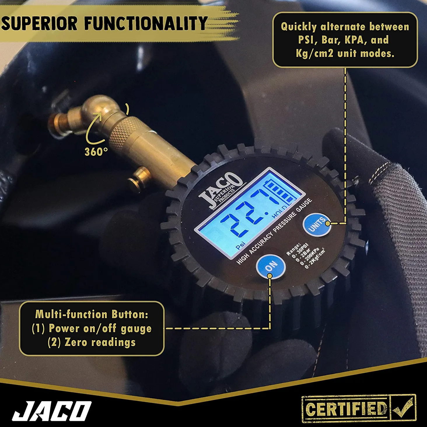 JACO Superior Products- Manómetro digital de baja presión para neumáticos JACO Elite - 30 PSI
