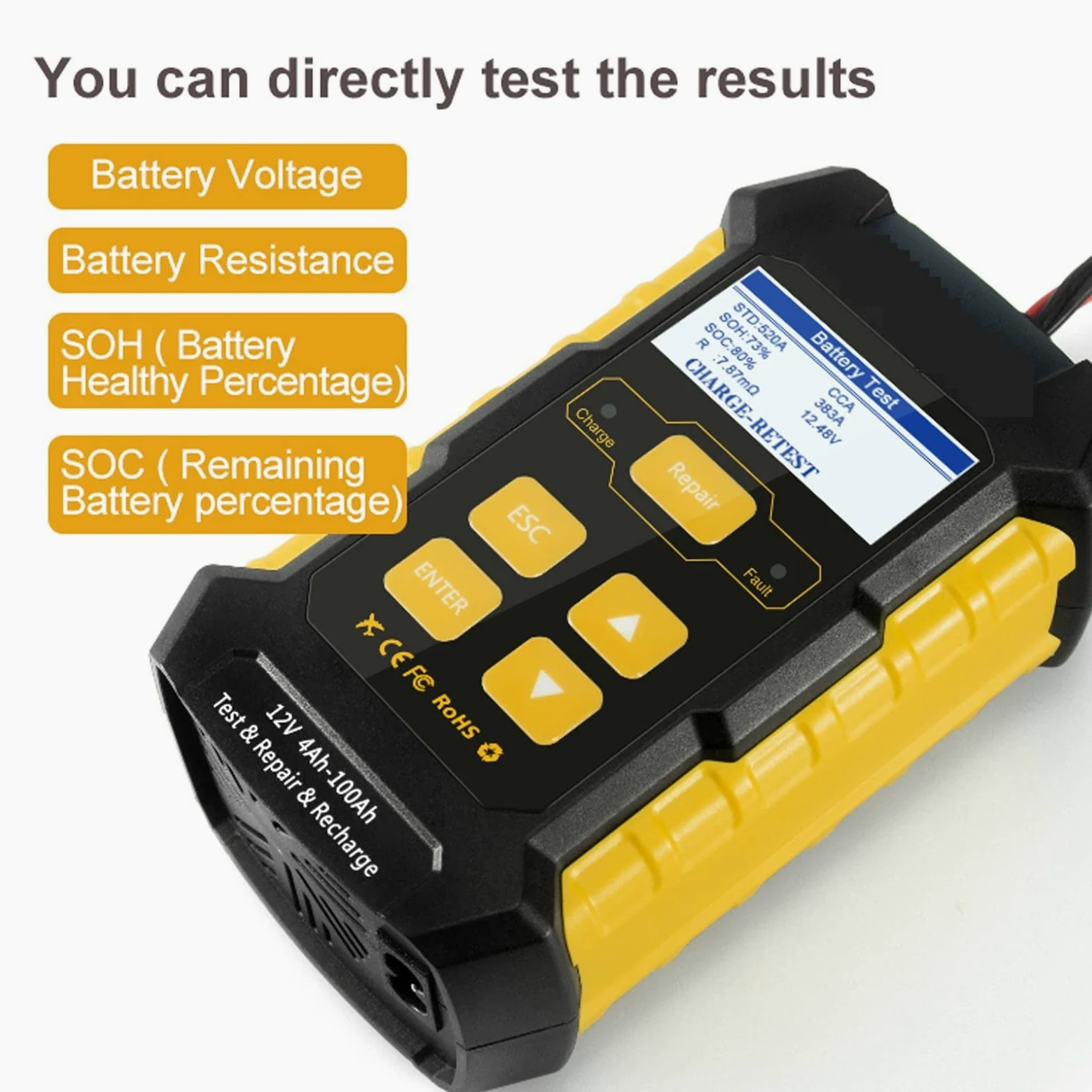 Comprobador de baterias de coche Kw510 Tester de batería de automóvil Reparación de pulsos de automóviles Cargadores de batería automotriz Herramienta de mantenimiento de dispositivos de diagnóstico a