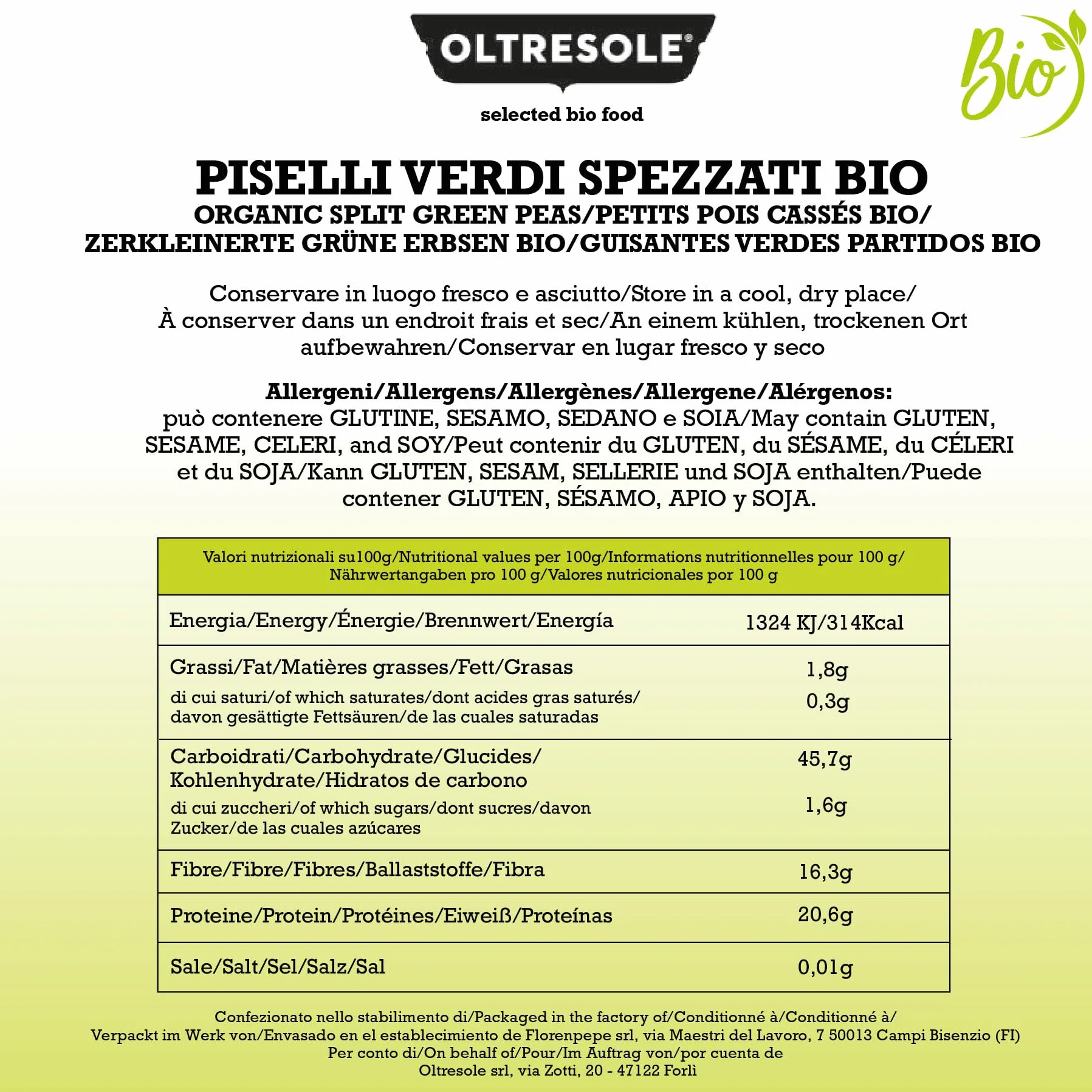 Guisantes partidos ecológicos 1 kg Oltresole Legumbres secas decorticadas
