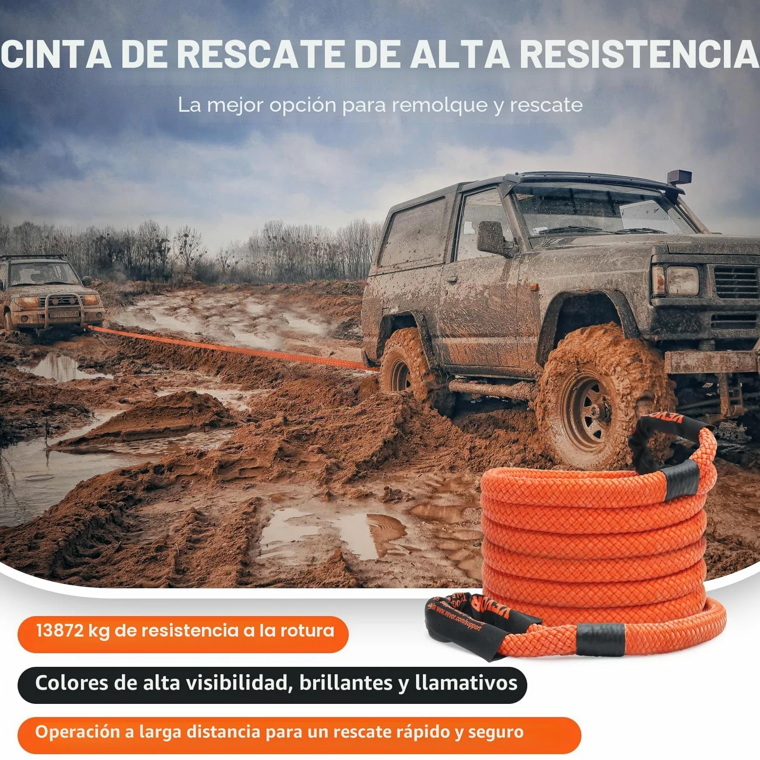 VEVOR Cuerda de Remolque de recuperación cinética de 7/8 Pulgadas x 20 pies, 30 Libras, Correa de Arranque Todoterreno Resistente, 30% de Elasticidad, Correa de Arranque de energía para Jeep, Coche,