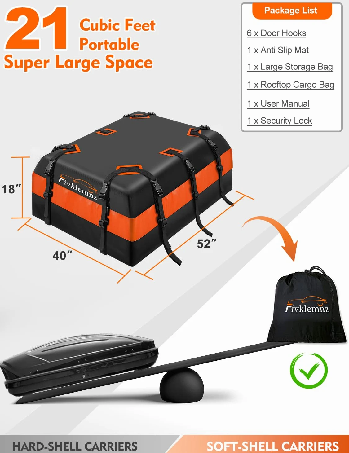 FIVKLEMNZ Bolsa de Techo para Techo de Coche, Impermeable, para Toda la Parte Superior del vehículo con/sin Estante, Incluye Alfombrilla Antideslizante + Correas reforzadas + 6 Ganchos de Puerta +