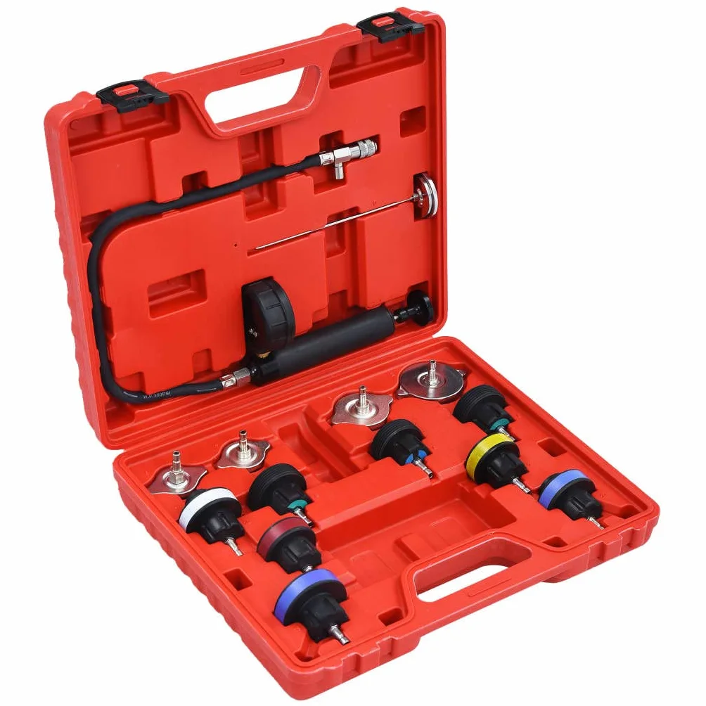 Comprobador de presión de 14 piezas para sistemas de refrigeración y tapa del radiador con 12 adaptadores, rango de presión 0-2,5 bar, maletín de almacenamiento rojo, universal para coche