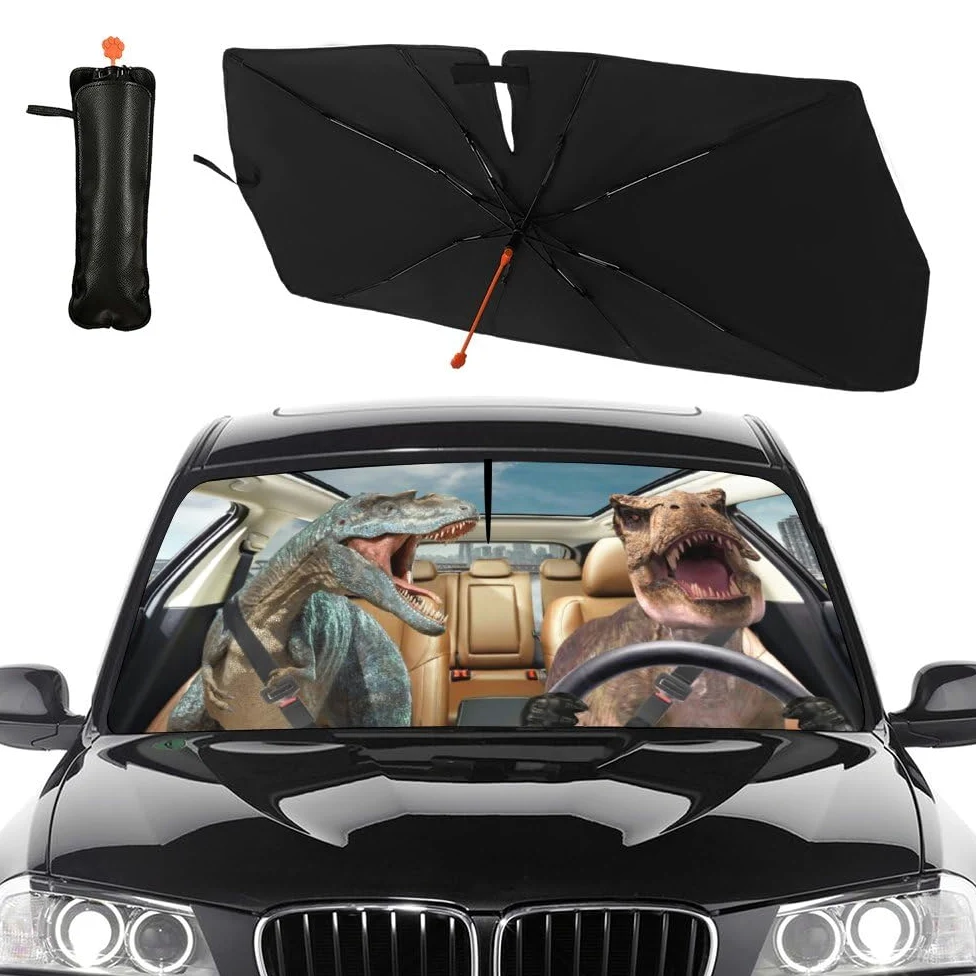 Socira Parasol plegable para parabrisas de automóvil, diseño de dinosaurio, parasol divertido, parasol para ventana delantera, accesorios de coche de dinosaurio, bloquea los rayos UV (57 x 30