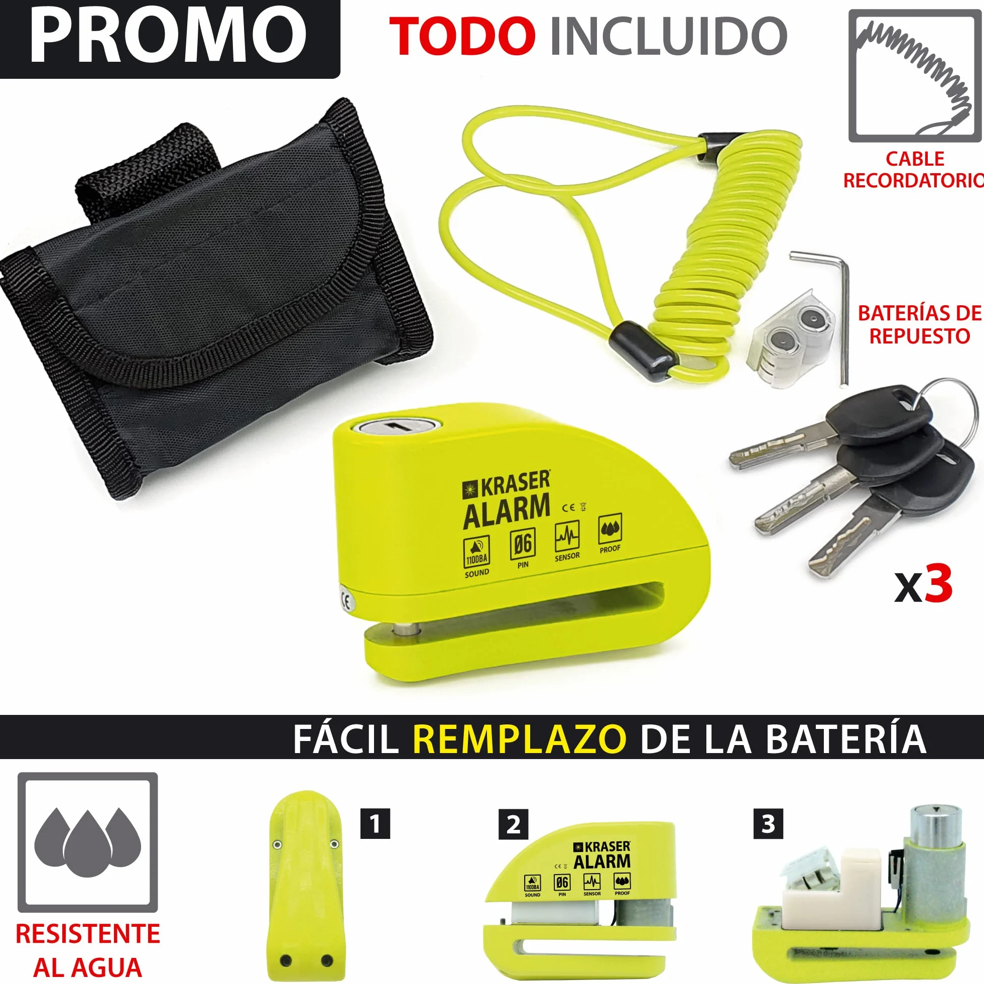 KRASER KR6Y Candado Moto con Alarma 110dB Antirrobo Disco Reforzado 3 Llaves Alta Seguridad Impermeable