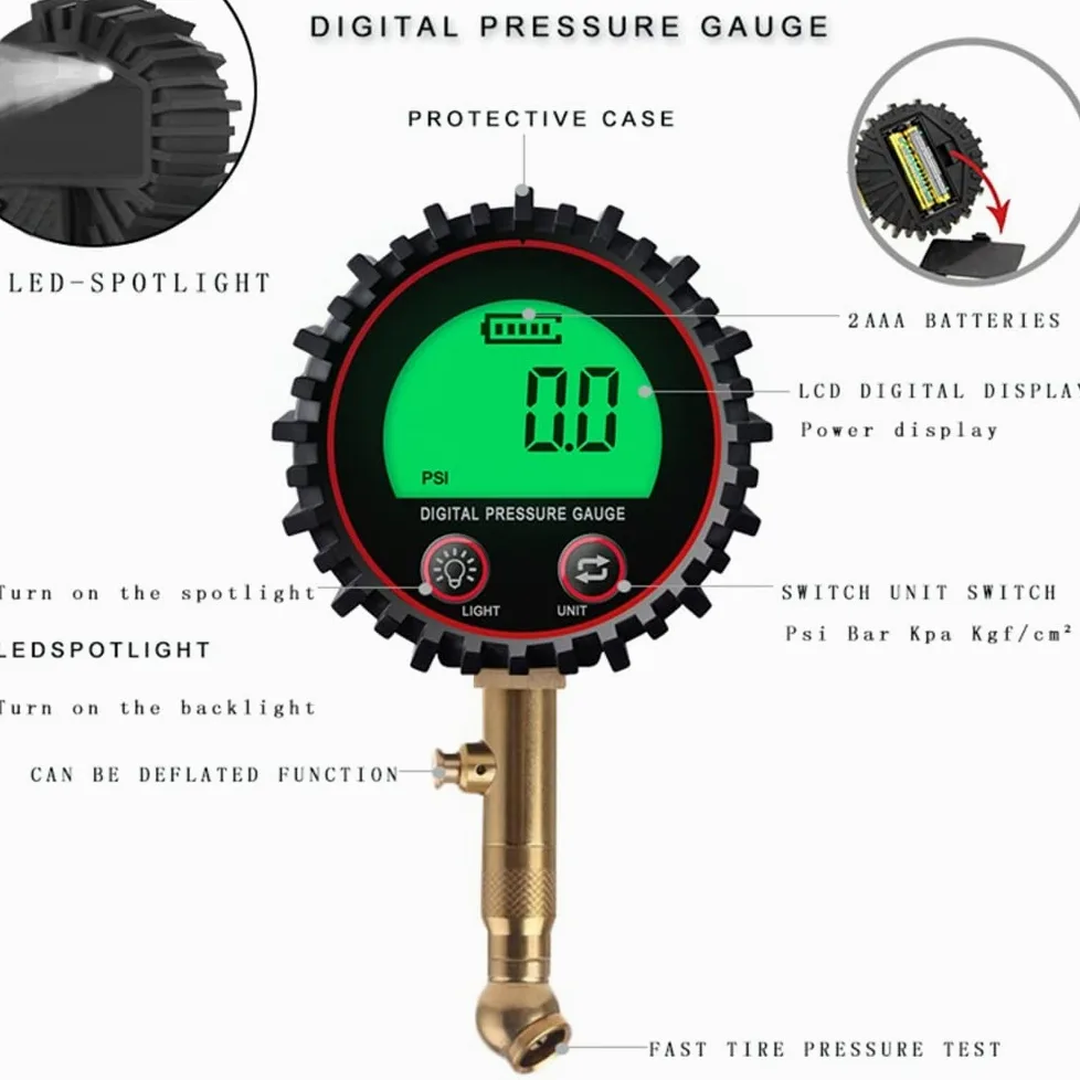 AGAATI Manómetro Digital para neumáticos, Mandril de Aire y Accesorios para compresores, Pantalla LCD, Foco LED Resistente, 255PSI