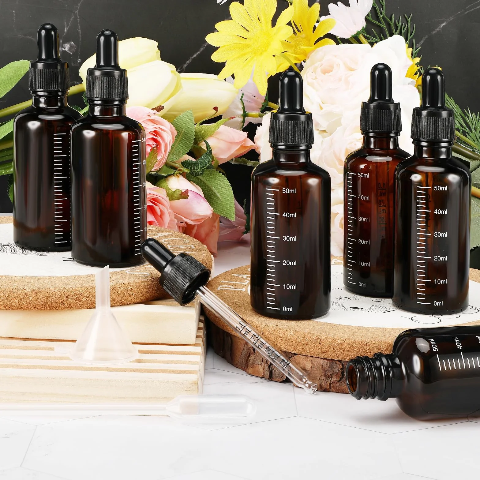 Frascos cuentagotas de vidrio marrón 50 ml, antirayos UV, para aceites esenciales, perfume, aromaterapia