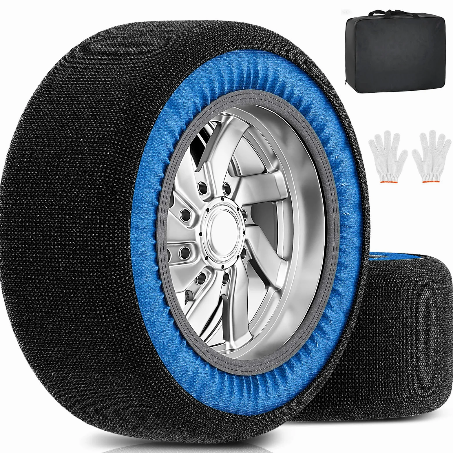 Calcetines de nieve para coche, 2 unidades, textiles para neumáticos de tamaños R14-R24, excelente agarre, cadena de nieve textil con guantes y bolsa de almacenamiento para carreteras difíciles