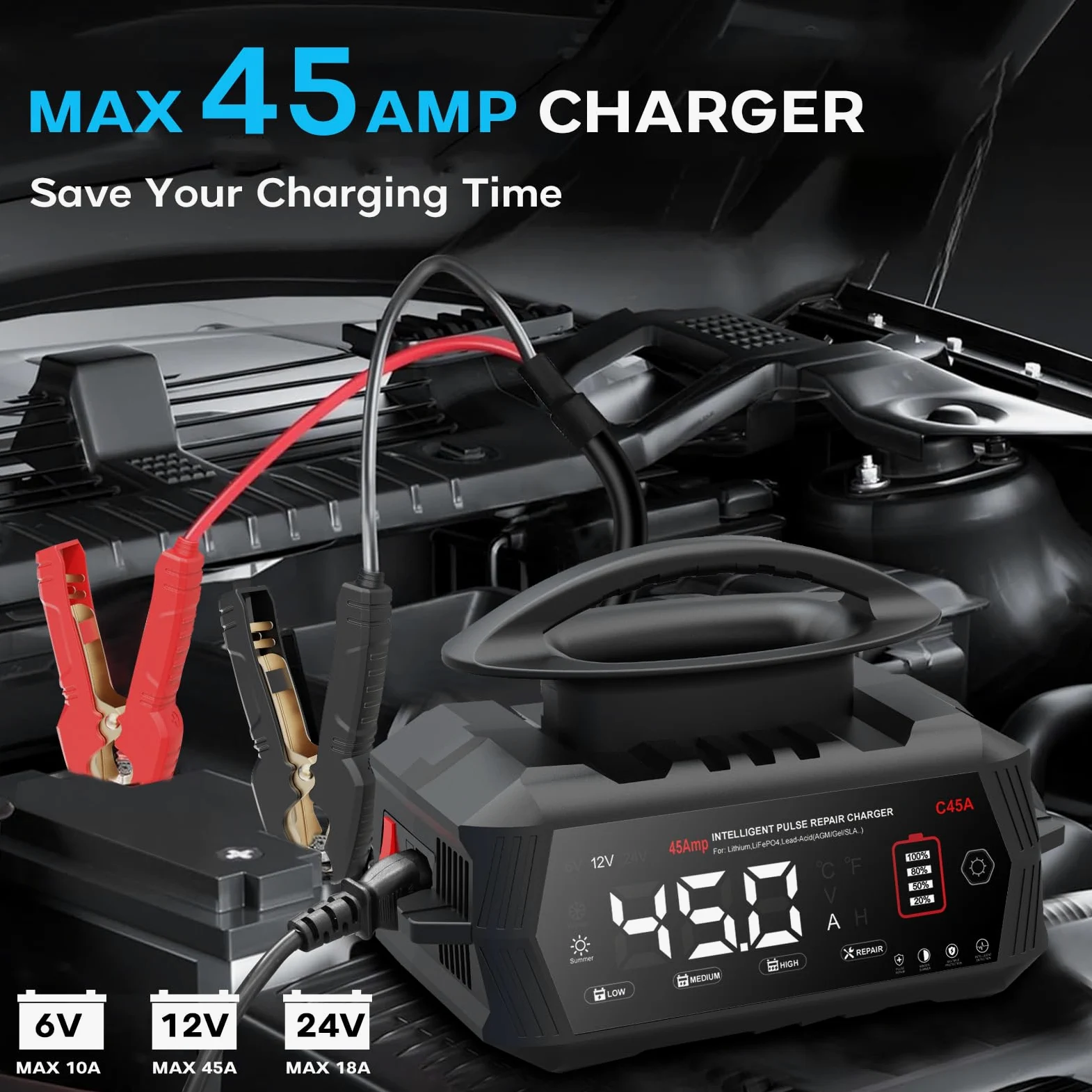 45A 6V/12V/24V Autobatterieladegerät-Haisito Intelligentes Ladegerät mit LCD-Display, Batteriepfleger,Erhaltungsladung&Entsulfatierung für AGM,Lithi,LiFePO4,Blei-Säure(Motorrad Wohnmobil, Caravan)