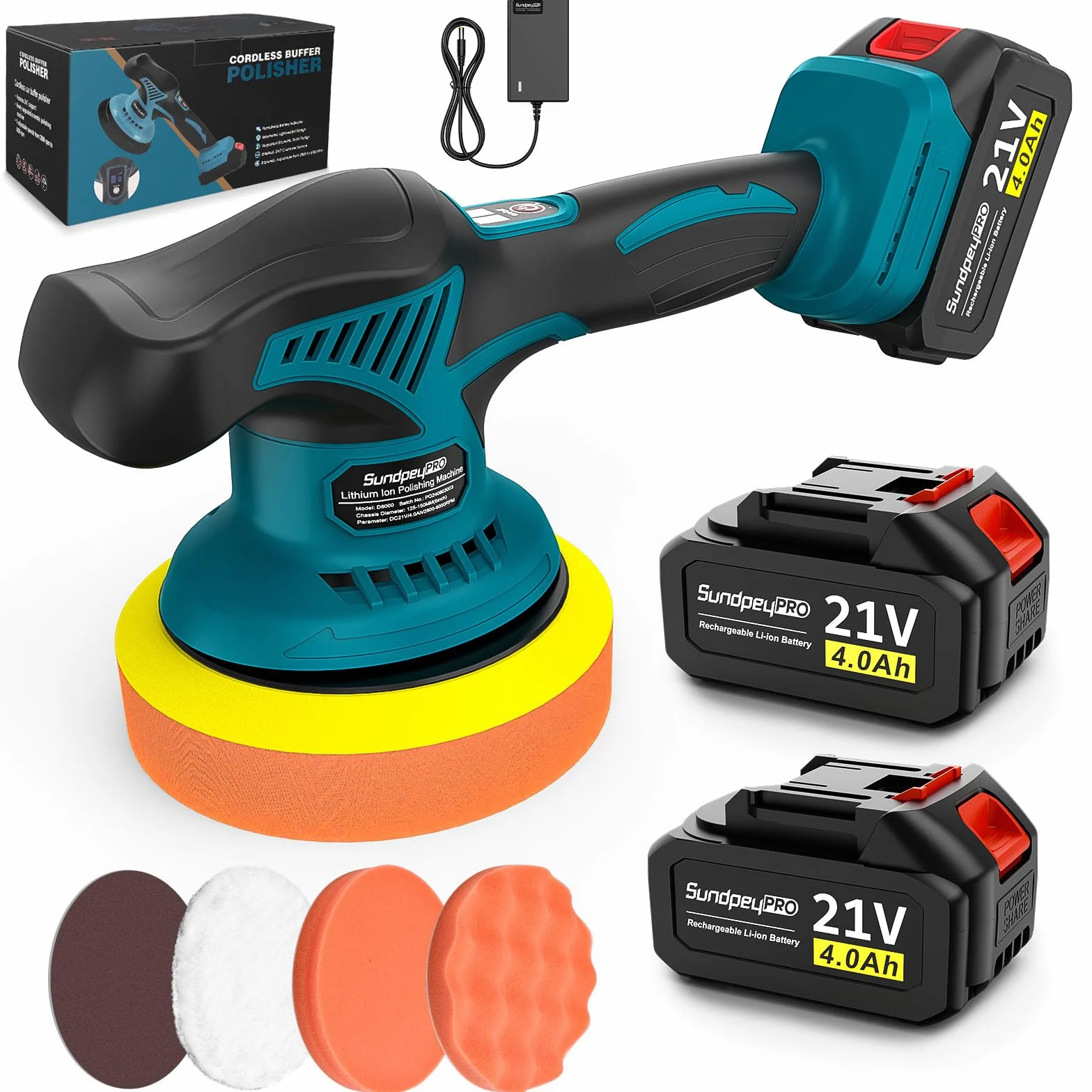 Pulidora Coche Inalámbrica 21V Orbital 2 Baterías 4000mAh 8 Velocidades 6000RPM